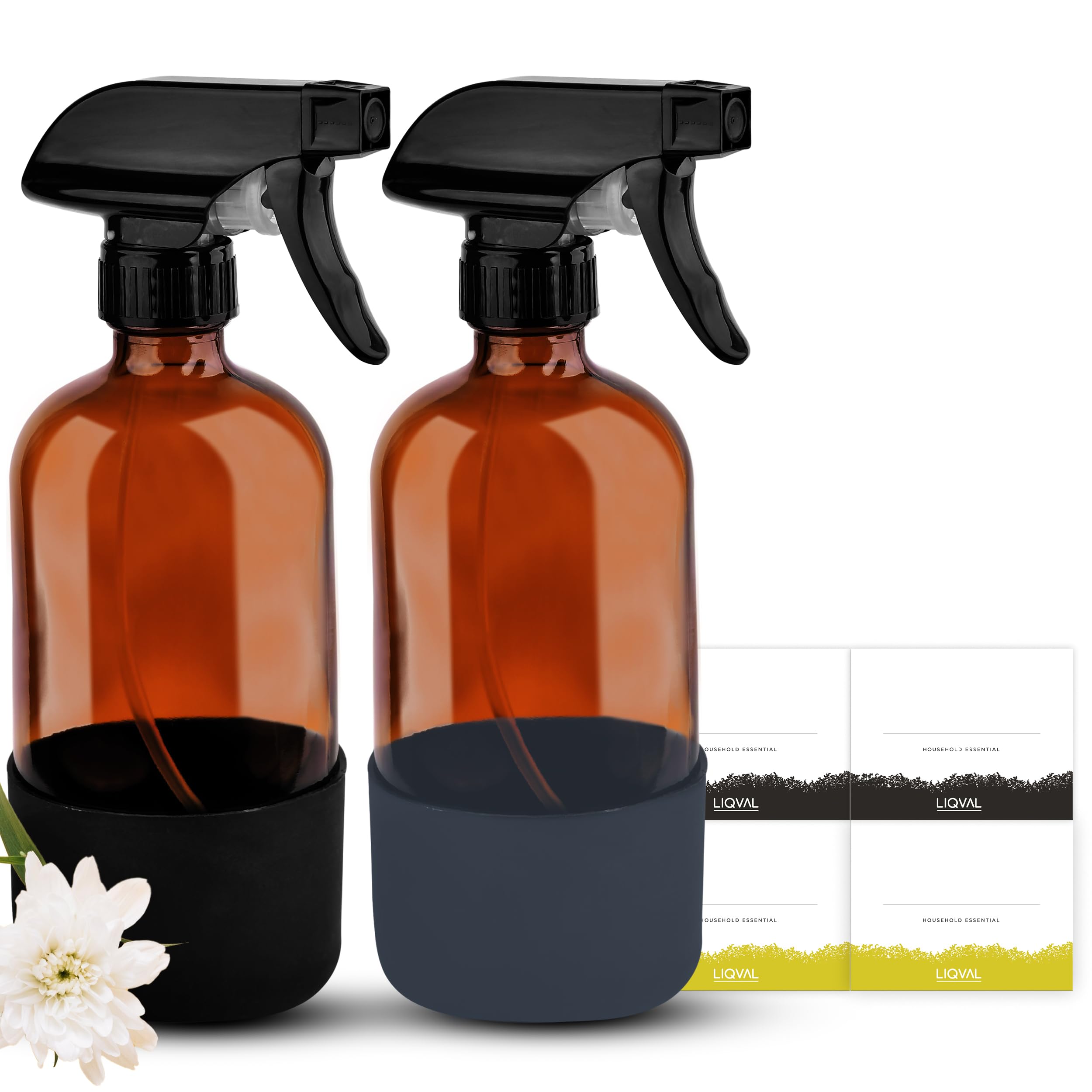 Liqval 16Oz Empty Glass Spray Bottle With Silicone Sleeve Protection - Refillable Containers For Cleaning Solutions, Essential O