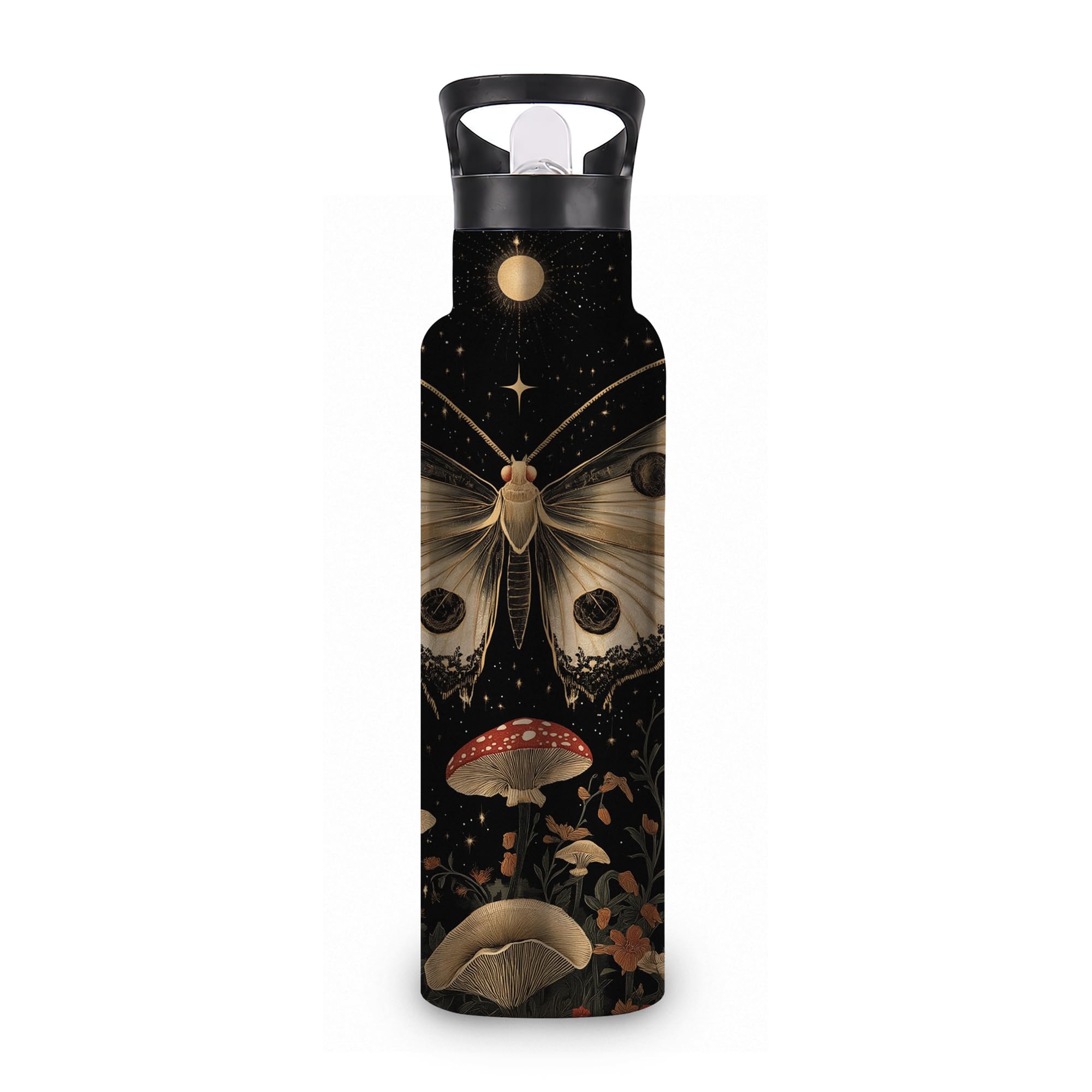 ICRICR Black Moth 20 oz Insulated Water Bottles Mushroom Moon Stainless Steel Thermal Bottle Leak Resistant with Straw Twist Cap