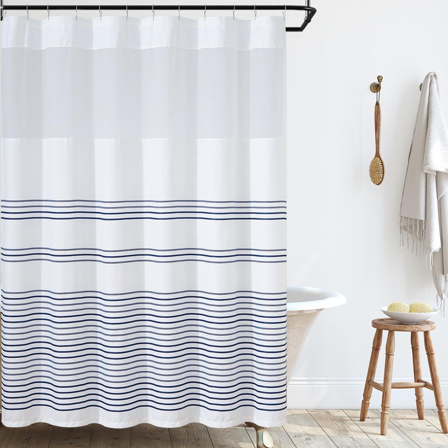 Jinchan Navy And White Shower Curtain With See Through Window Fabric Striped Shower Curtain For Bathroom Modern Shower Curtain W