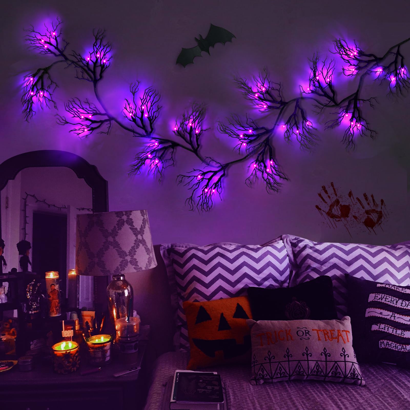 [ 8 Modes & Timer ] 9 Ft 66 LED Halloween Willow Vine Twig Decor Garland Decorations with Purple Lights, Halloween Garland with
