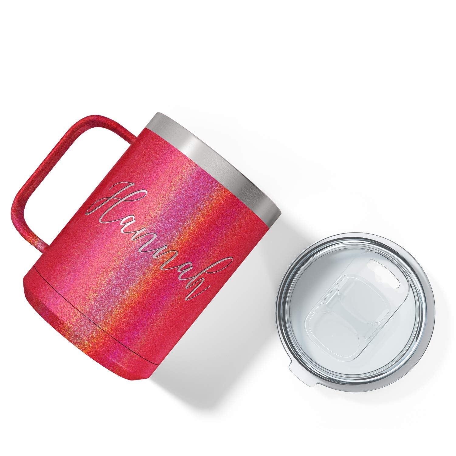 Personalized Coffee Mug Cherry Red Glitter 15 Oz With Lid And Handle Custom Engraved Gift Stainless Steel Vacuum Insulated Cup