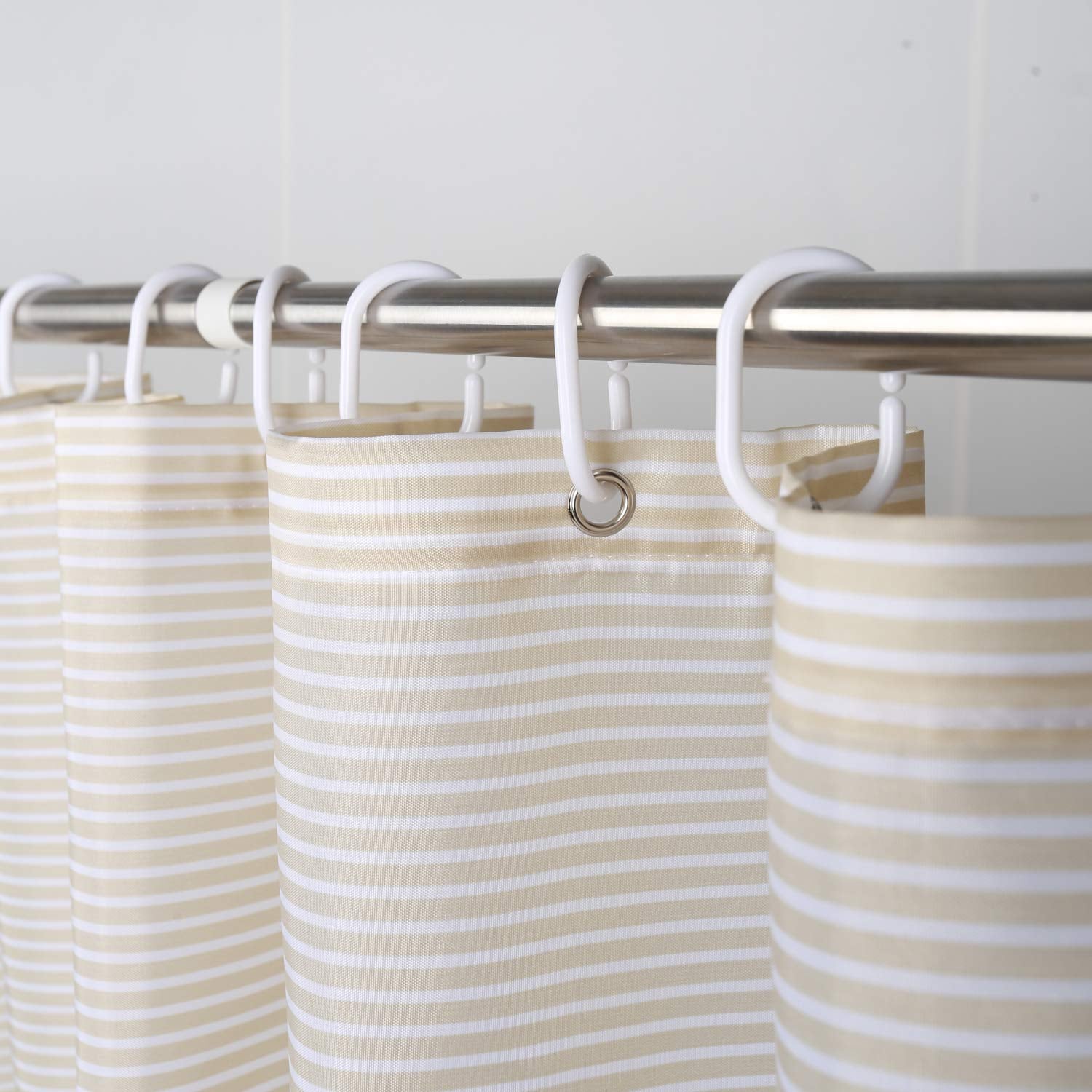 MORNITE Extra Wide Fabric Shower Curtain Tan Gold for Bathroom  Wrap Around White Neutral Stripe Water Repellent Cloth with 18 Hooks  108'' W?2'' H Inch