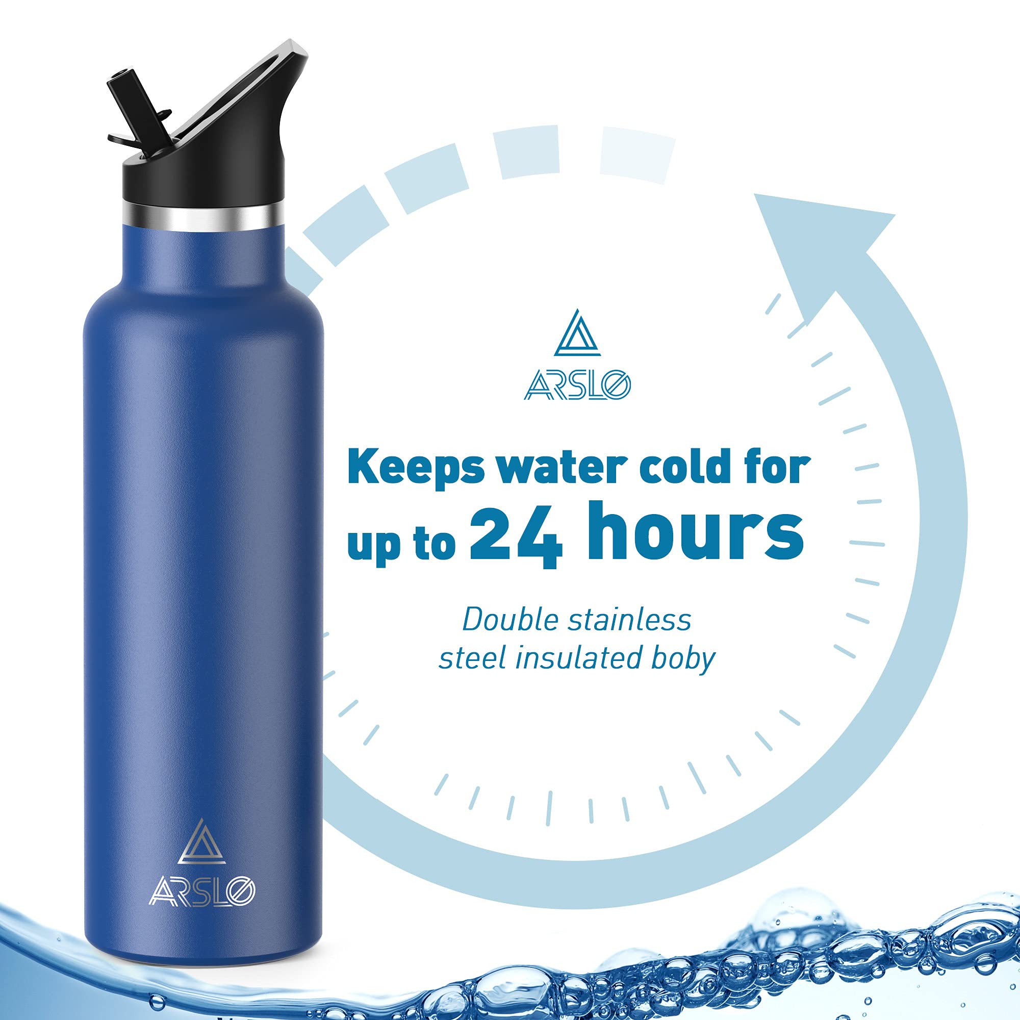 Arslo Stainless Steel Double Wall Water Bottles 20 Ounce, Vacuum Insulated Bottle With Straw Lid, Insulated Water Bottle Keeps W