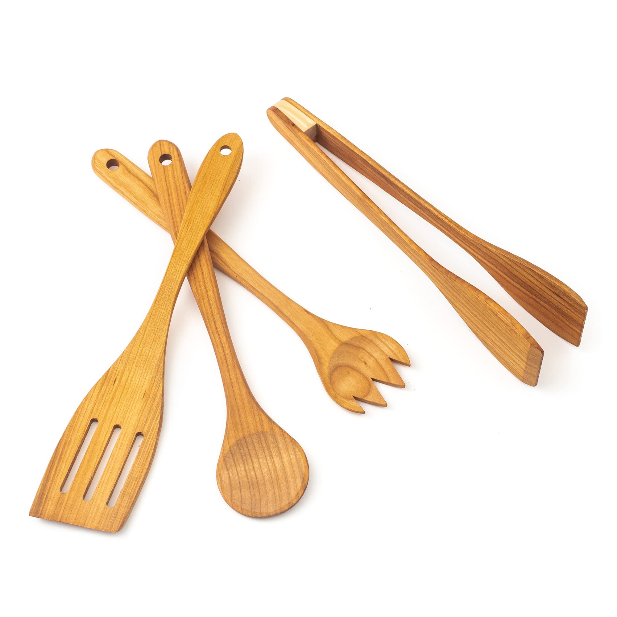 Tuuli Kitchen - 4-Piece Wooden Cooking Utensils Set, Solid Cherry Wood (Bbq Tongs, Kitchen Spoon, Fork And Spatula), Durable Woo