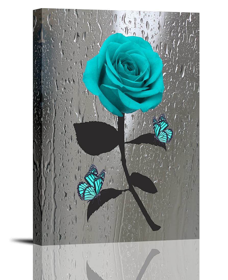 Rtriel Teal Rose Canvas Wall Art Turquoise Blue Flower Prints Contemporary Black And White Pictures For Bathroom Wall Decor 12 X