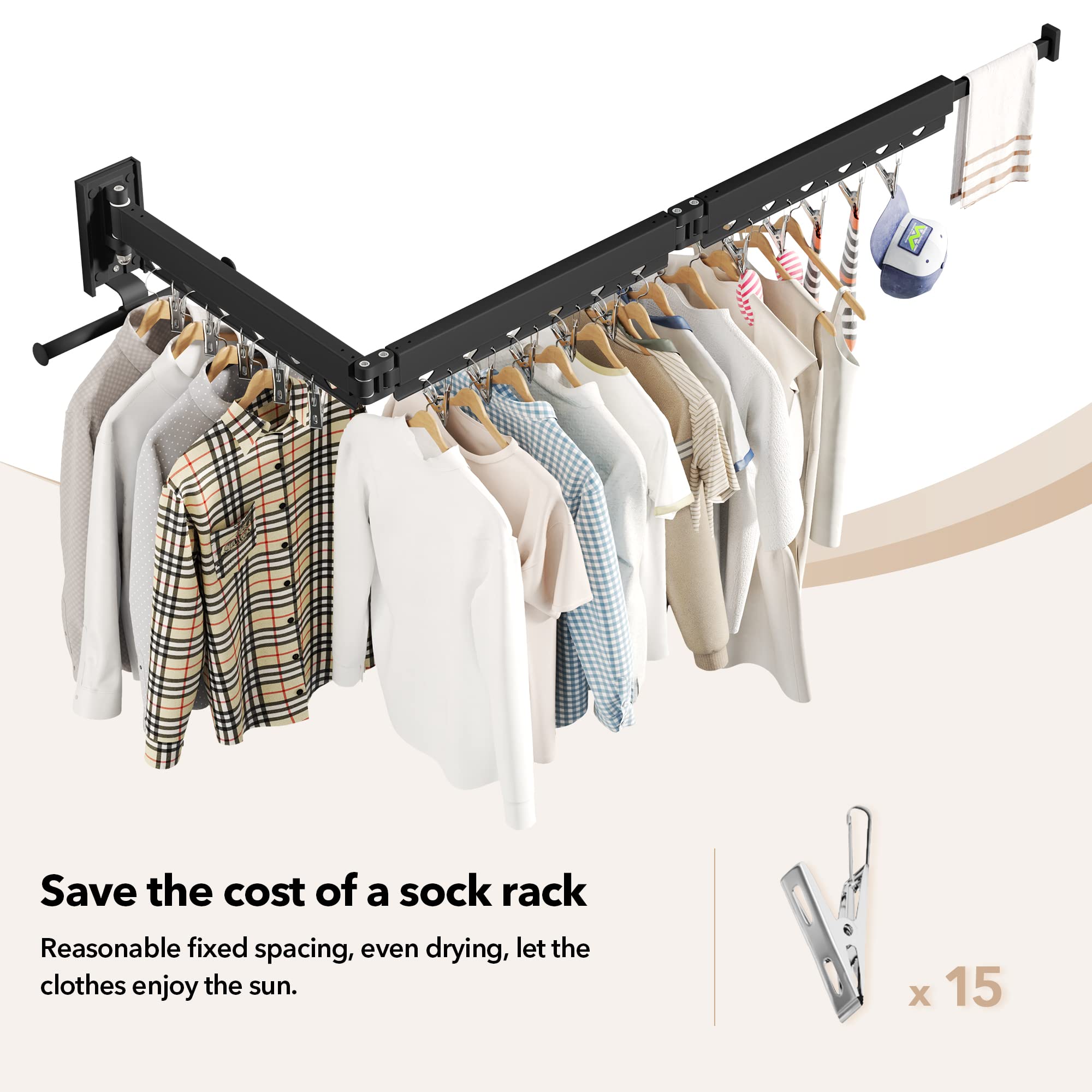 HEILAIYI Wall Mounted Clothes Hanger Clothes Drying Rack Laundry Drying Rack Clothes Rack Laundry Rack Wall Mount Retractable Collapsible Drying Rack Clothing (Windproof Holes with Clips) Black