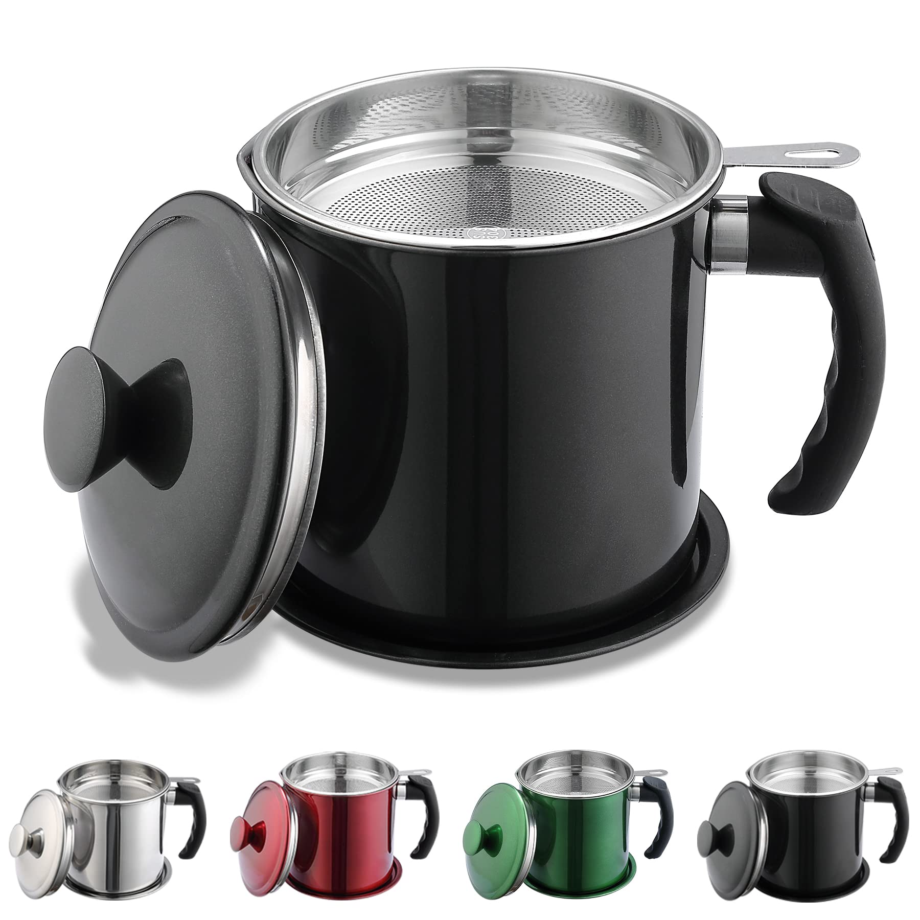 Kyraton Black Bacon Grease Container With Strainer, 48 Oz Black Coating Stainless Steel Oil Container, Pot Fat Storage With Lid,