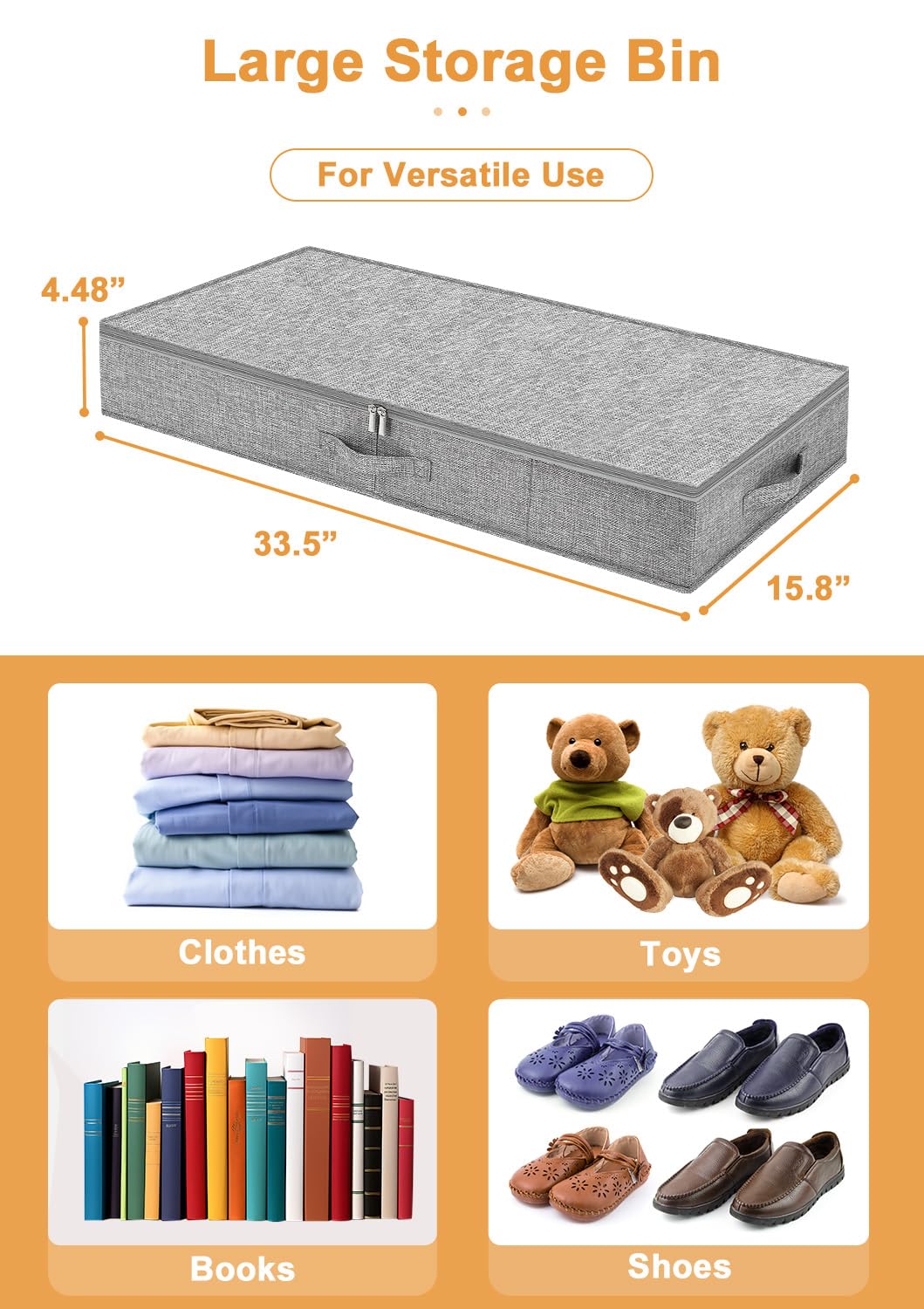 punemi Under Bed Storage Containers, 2 Pack 4.5 Inch Tall Low Profile Underbed Clothes Storage Organizer Bin with Sturdy Side &