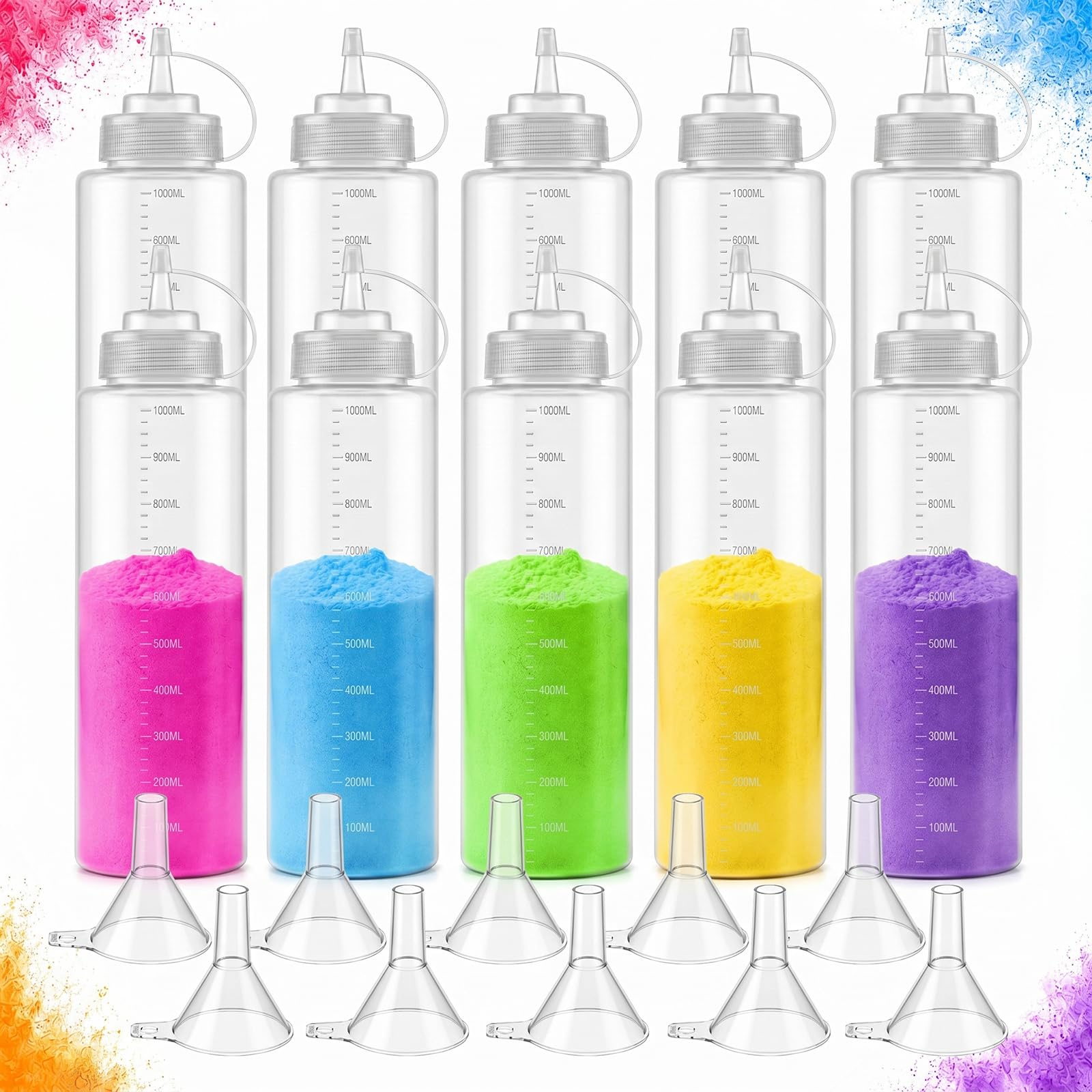 OBreezify 10 Pack Empty 34oz Color Powder Events Squeeze Bottles, Large Powder Bottles with Wide Mouth Funnels Refillable DIY fo