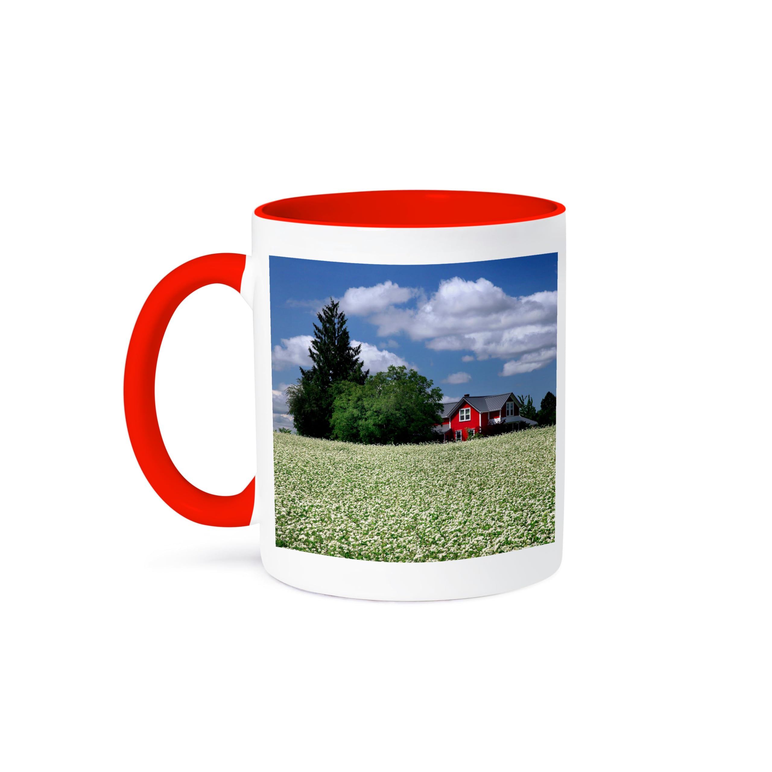 3dRose USA, Oregon, Washington County. Rarmhouse with buckwheat crop. 11oz Two-Tone Red Mug