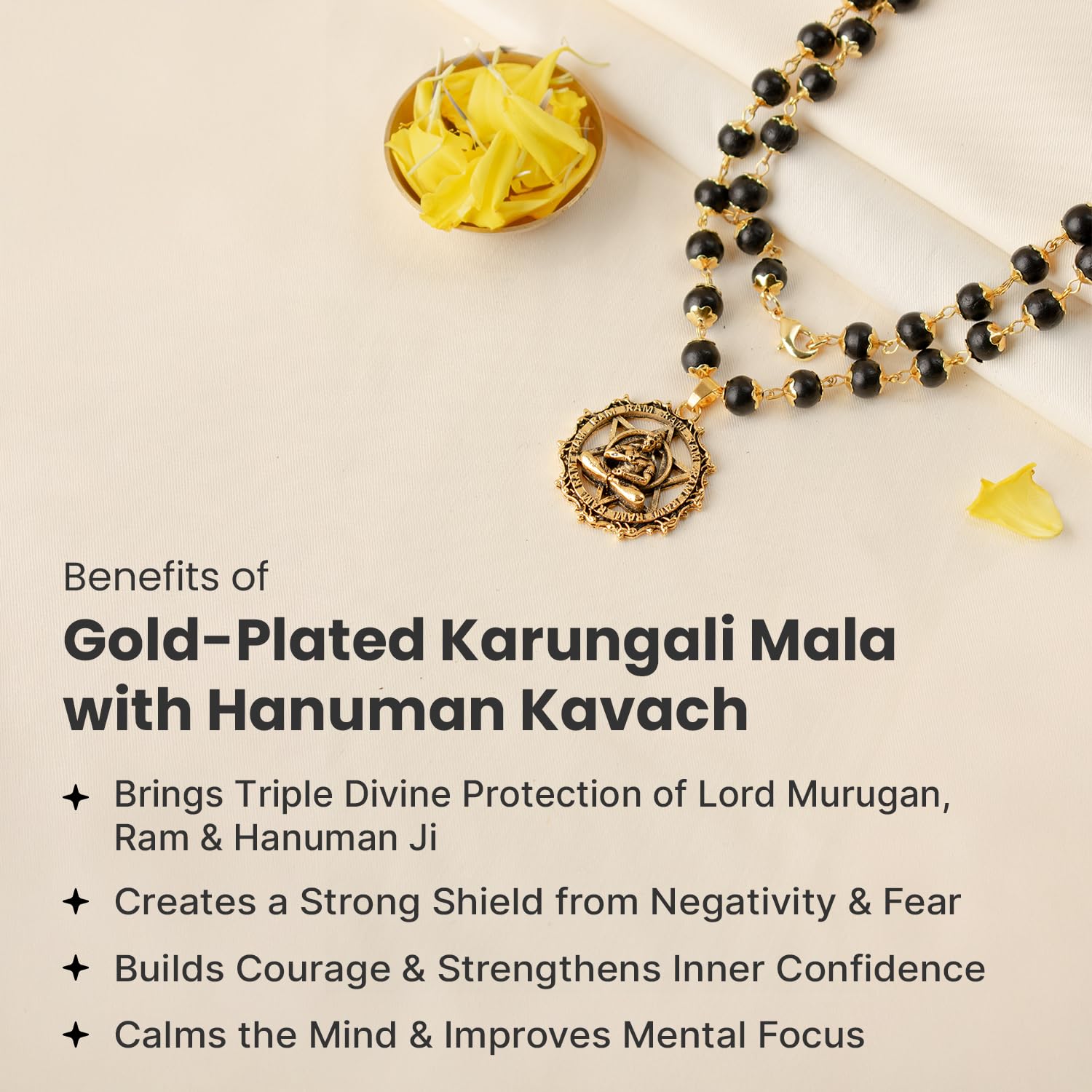 7Mm Golden Capped Karungali Mala With Hanuman Pendant
