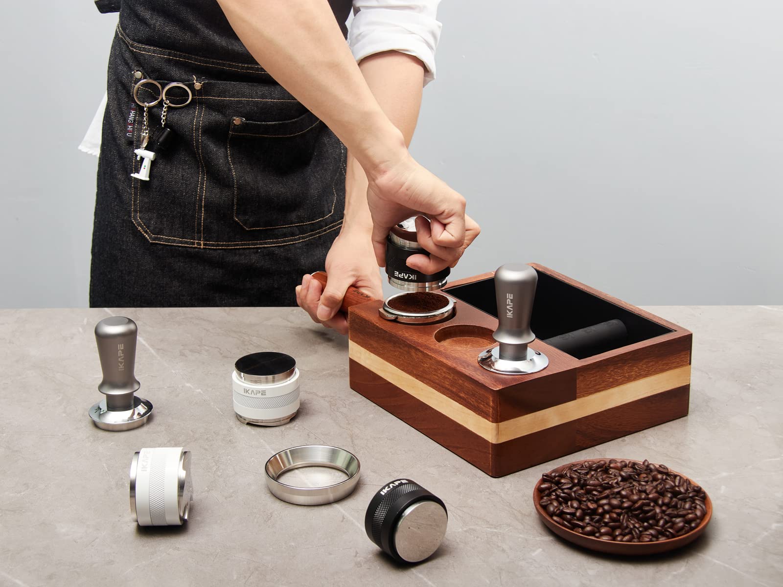 IKAPE Espresso Knock Box - 58MM Wood Organizer for Espresso Accessories, Natural Mahogany, Model IK-FenzV1