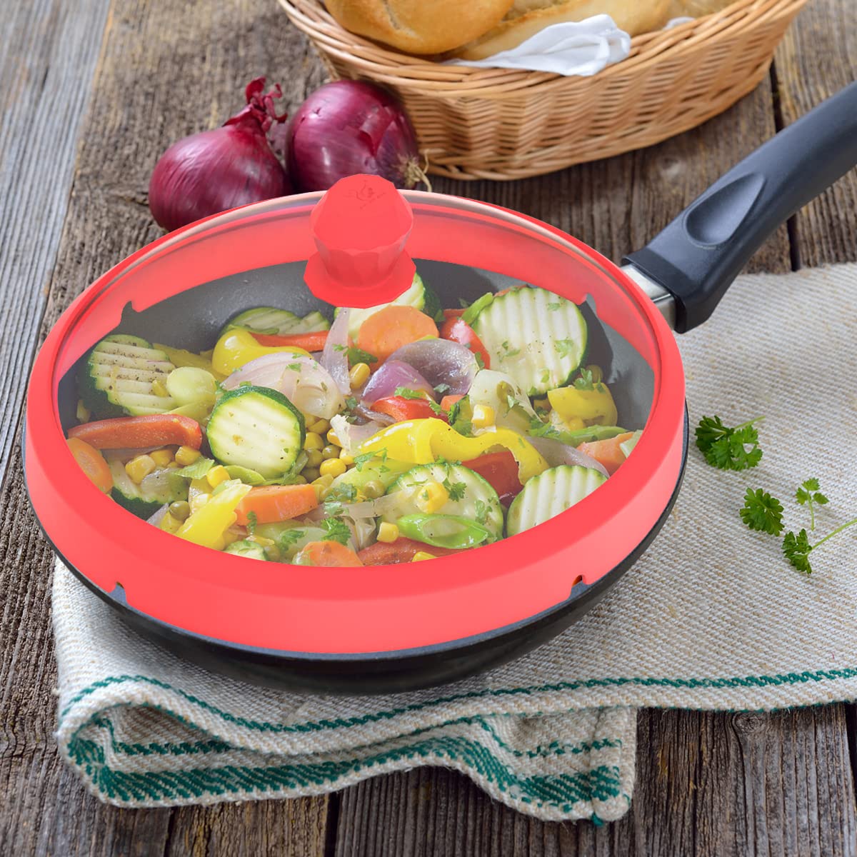 Microwave Glass Cover Splatter Guard Lid With Anti-Scald Silicone Handles And Vented Edge For Food Pot Plate Cover 10.5 Inch Red