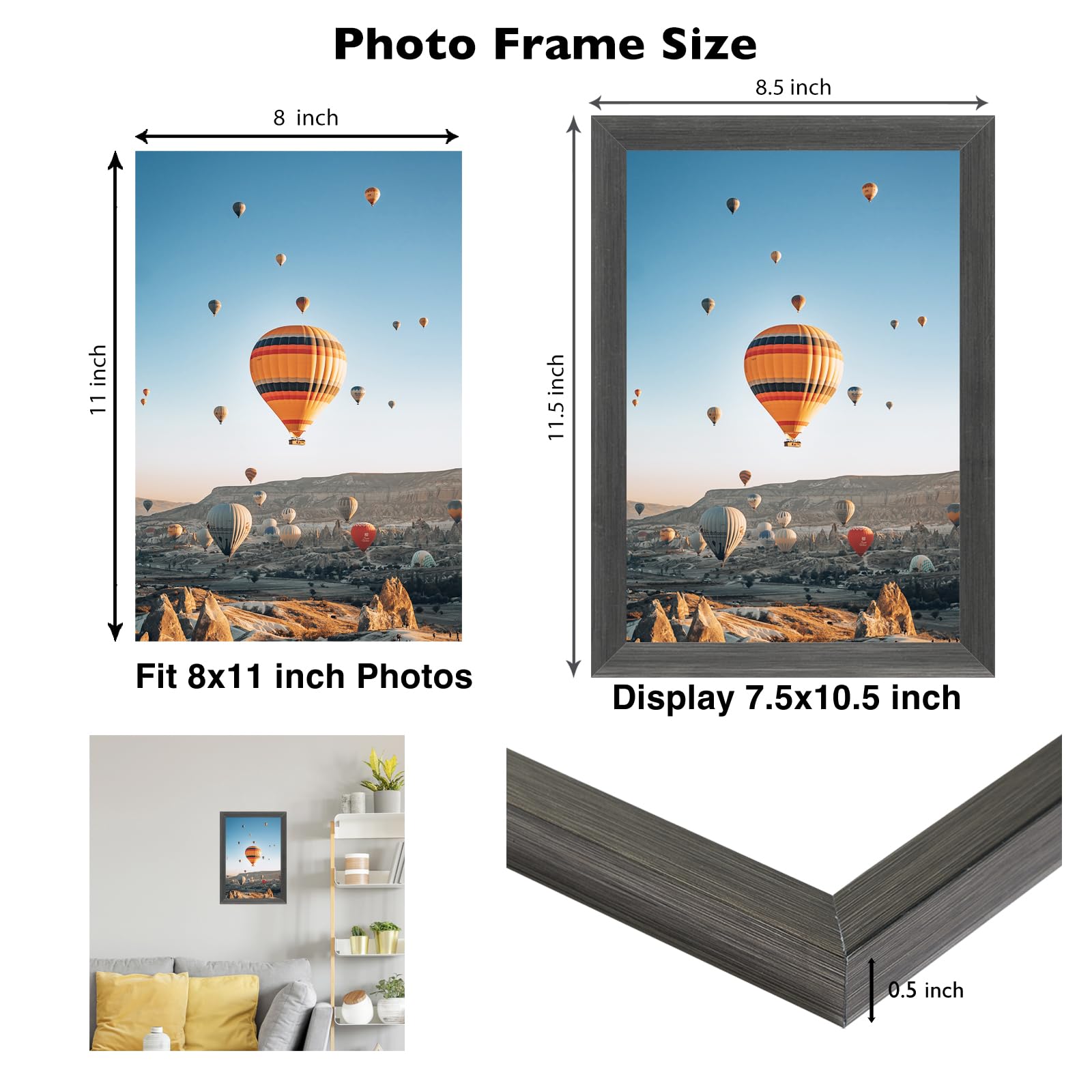 JCJMY 8x11 Picture Frame Silver Gray for Wall Hanging or Tabletop, Wall Mounting Horizontally or Vertically, 8 x 11 Wall Gallery