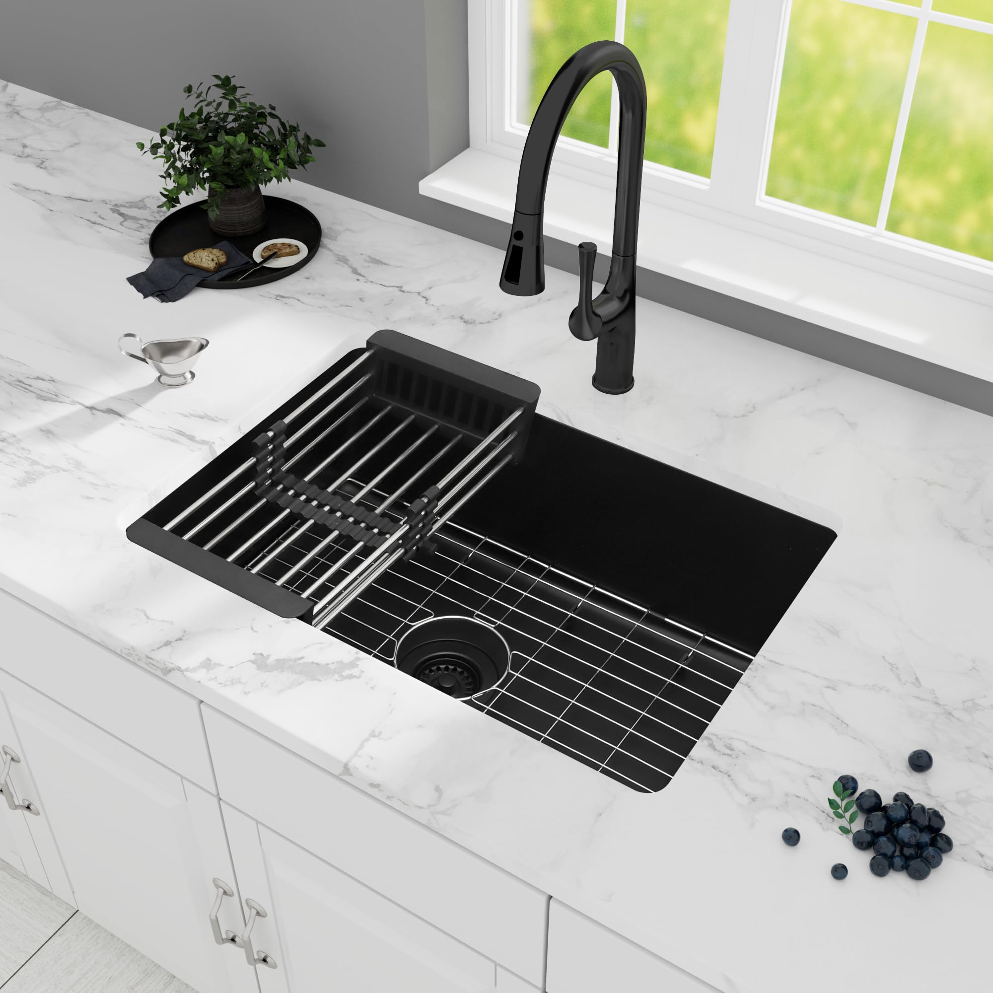 Monsinta Undermount Kitchen Sink, 27 Inch Matte Black Granite Composite Sink, Single Bowl Kitchen Sink, Small Kitchen Sink With