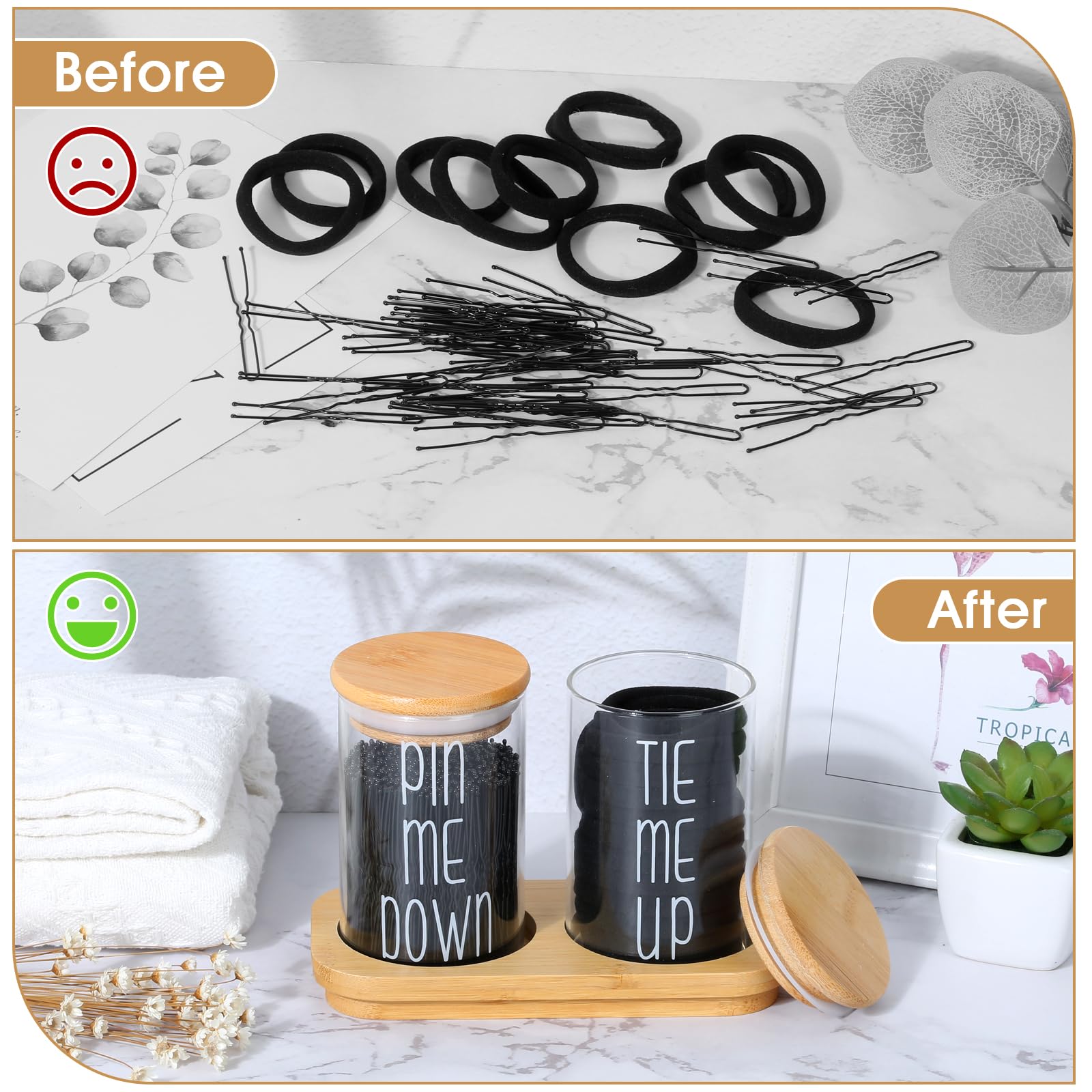 Funny Apothecary Jars 2 Pack Hair Tie Holder Organizers Bathroom Canisters with Tray Bobby Pin Holder Bathroom Jars Accessories Set with Lids for Bathroom d?or Farmhouse Bathroom Storage Organization