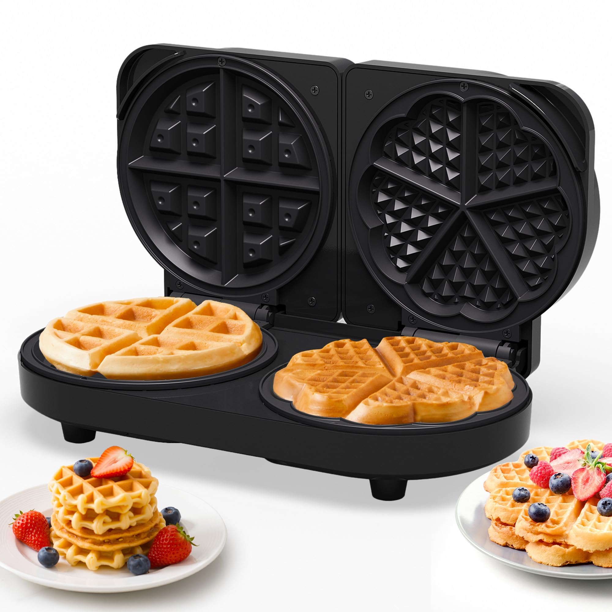 Sunvivi Dual Waffle Maker: Heart Waffle & Classic Waffle Iron with 2 Adjustable Temp Knobs, Nonstick Waffle Machine with Indicat