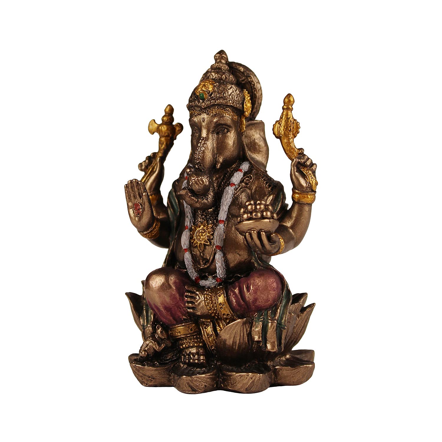 Kartique Resin Idol Ganesh Bhagwan Murti Sitting On Lotus Flower Murti For Car Dashboard Desk Multicolor Height 3.25 Inch