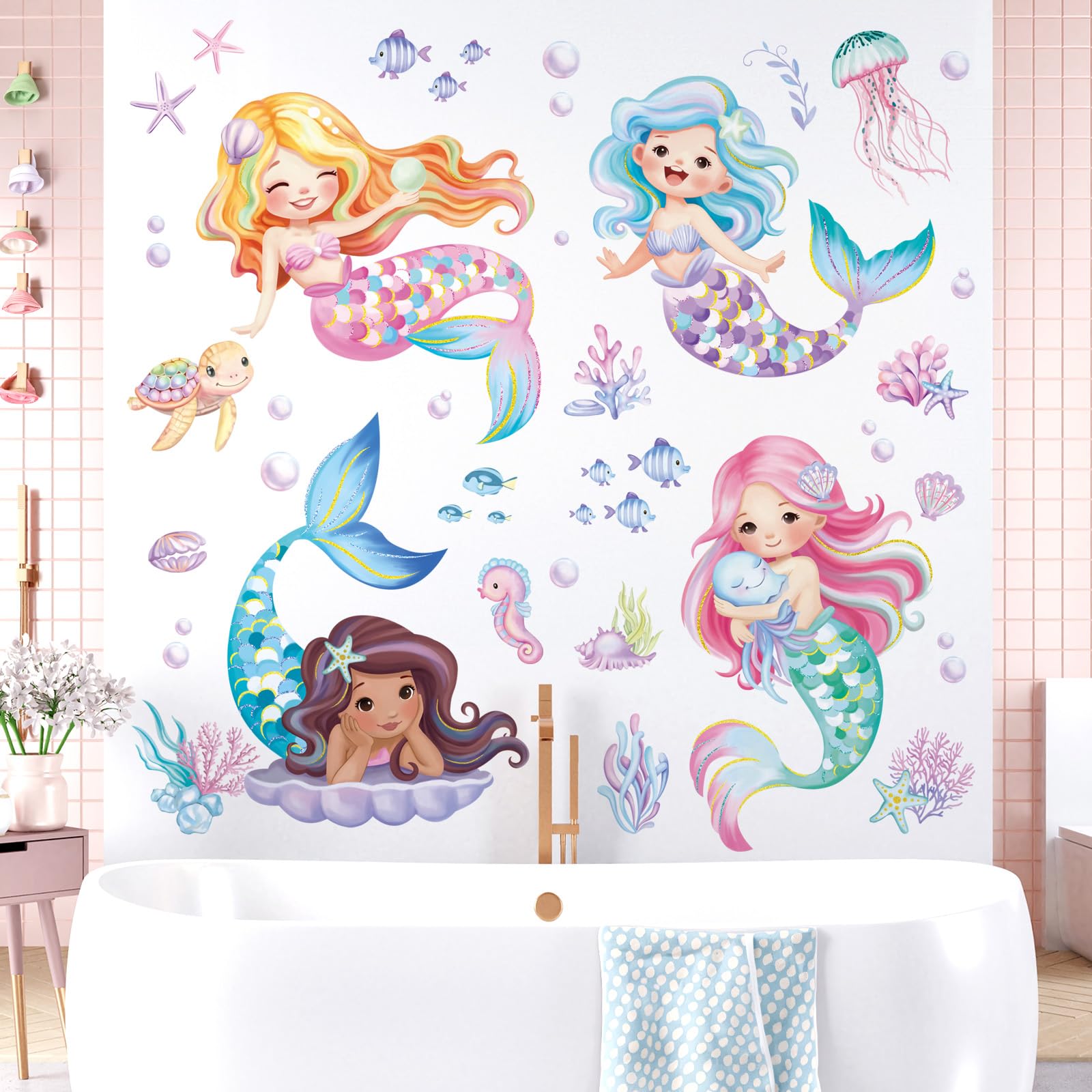 Decalmile Under The Sea Mermaid Wall Decals Ocean Fish Starfish Turtle Wall Stickers Baby Nursery Girls Bedroom Bathroom Wall De
