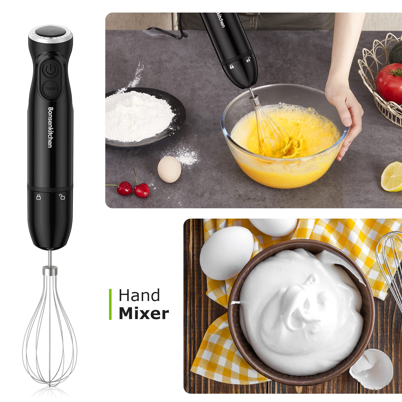 Bonsenkitchen Immersion Blender Handheld, 12-Speed And Turbo Hand Blender Electric With Sharp Blades, 3-In-1 Hand Held Stick Ble