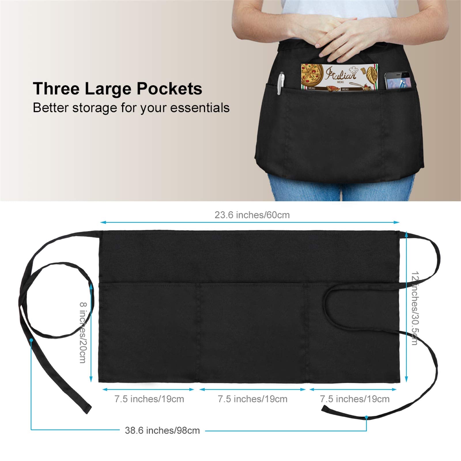 3 Pack Waist Apron - Server Aprons With 3 Pockets - Water & Oil Resistant Waitress Apron With Pockets - Black Aprons For Servers