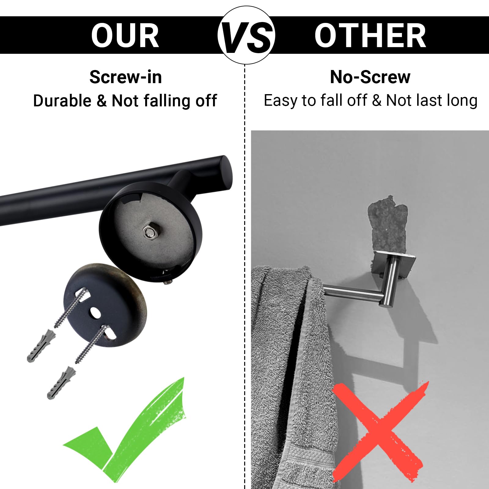 Miyili Matte Black 15.75'' Towel Bar SUS 304 Stainless Steel Towel Holder for Bathroom or Kitchen Wall Mount  A01B40A