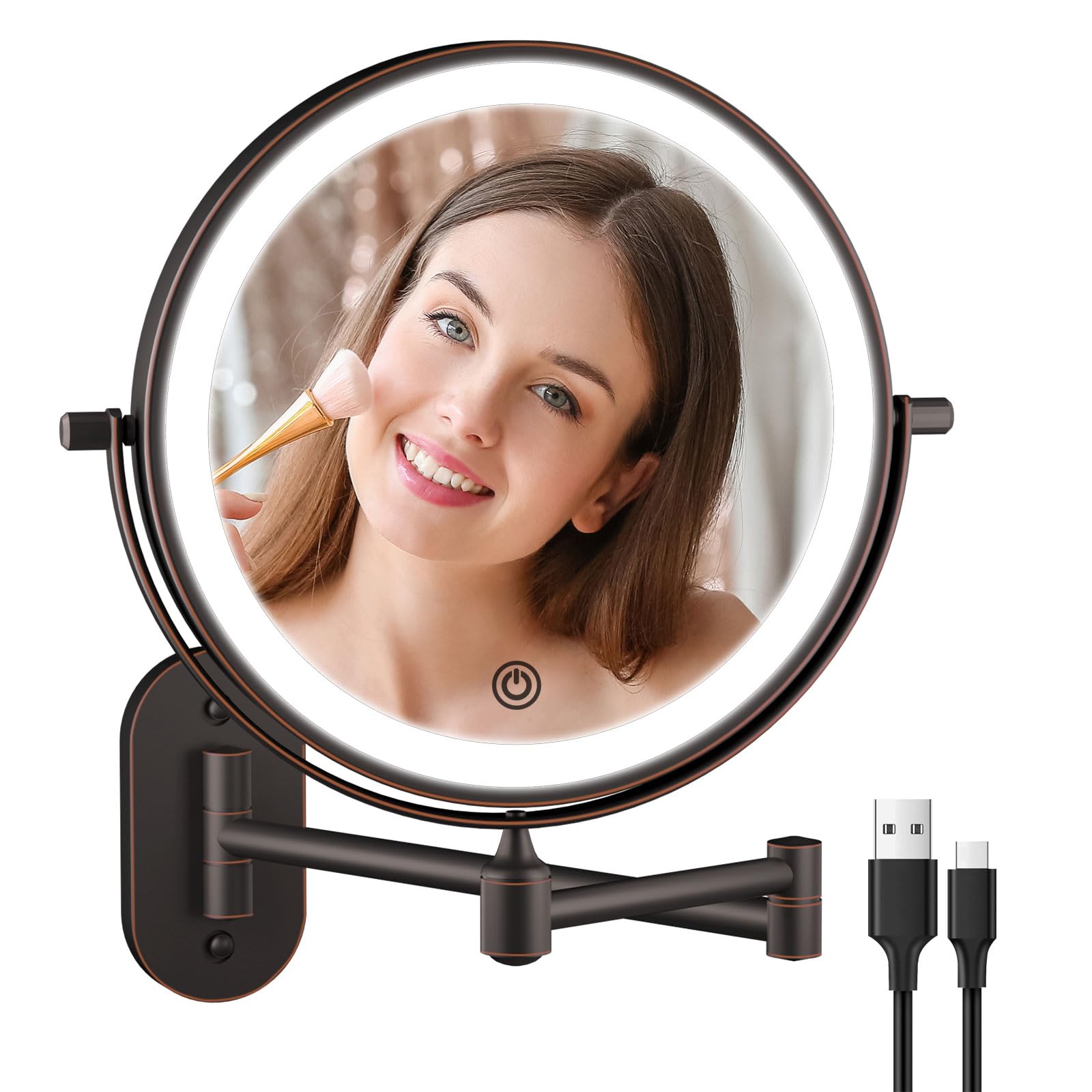 Rechargeable Wall Mounted Lighted Makeup Vanity Mirror 8 Inch Double Sided 1X 10X Magnifying Bathroom Mirror, 3 Color Lighting,