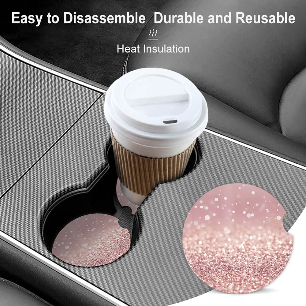 Pink Glitter Absorbent Car Coasters,Pretty Girly Ceramic Cup Holders Coasters With A Finger Notch For Women Men 2.56(2 Pieces)