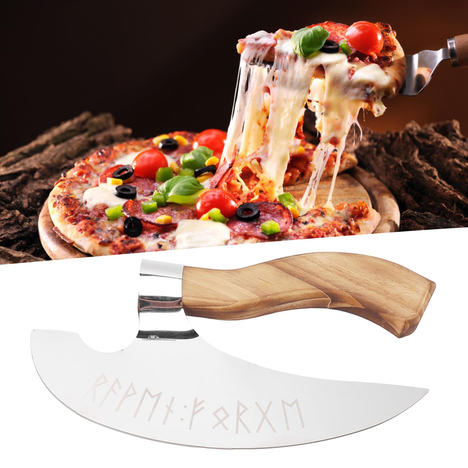Handmade Viking Pizza Axe, Pine Wood Handle Viking Pizza Cutter Axe, Stainless Steel Medieval Pizza Cutter For Home Restaurant B