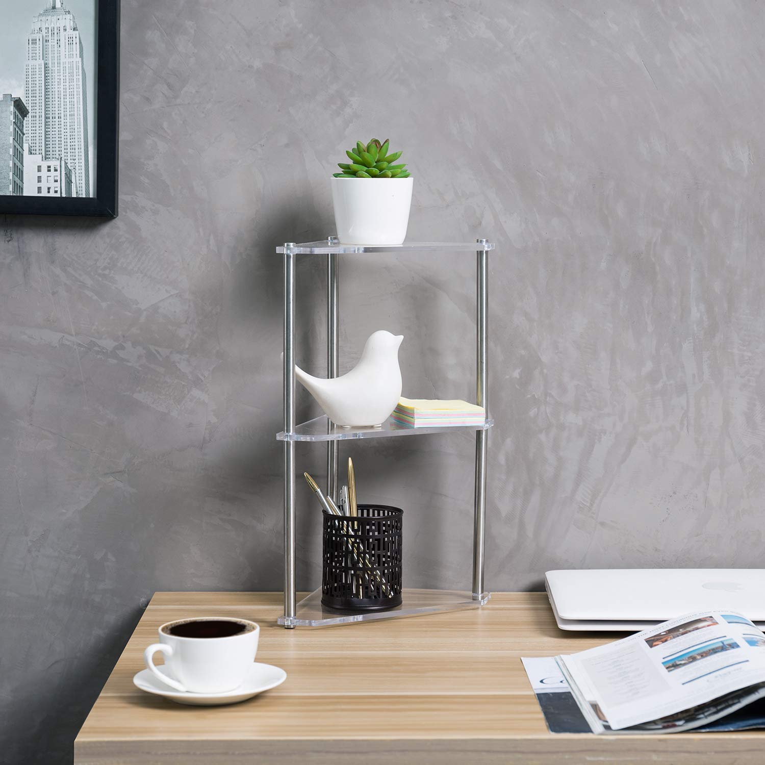 MyGift 3 Tier Clear Acrylic and Metal Tabletop Decorative Display Stand Desktop Corner Shelf  Tiered Bathroom Vanity Cosmetic Makeup Organization Shelves