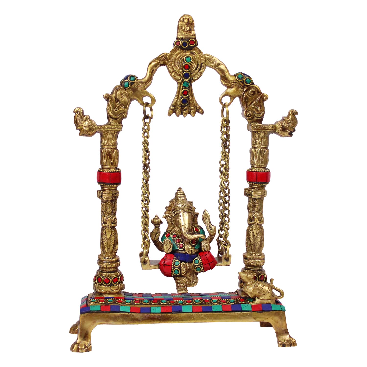 Artvarko Brass Ganesha Swing Ganesh Ganpati On Jhoola Statue Decorate With Color Gemstone Handwork Height 12 Inches