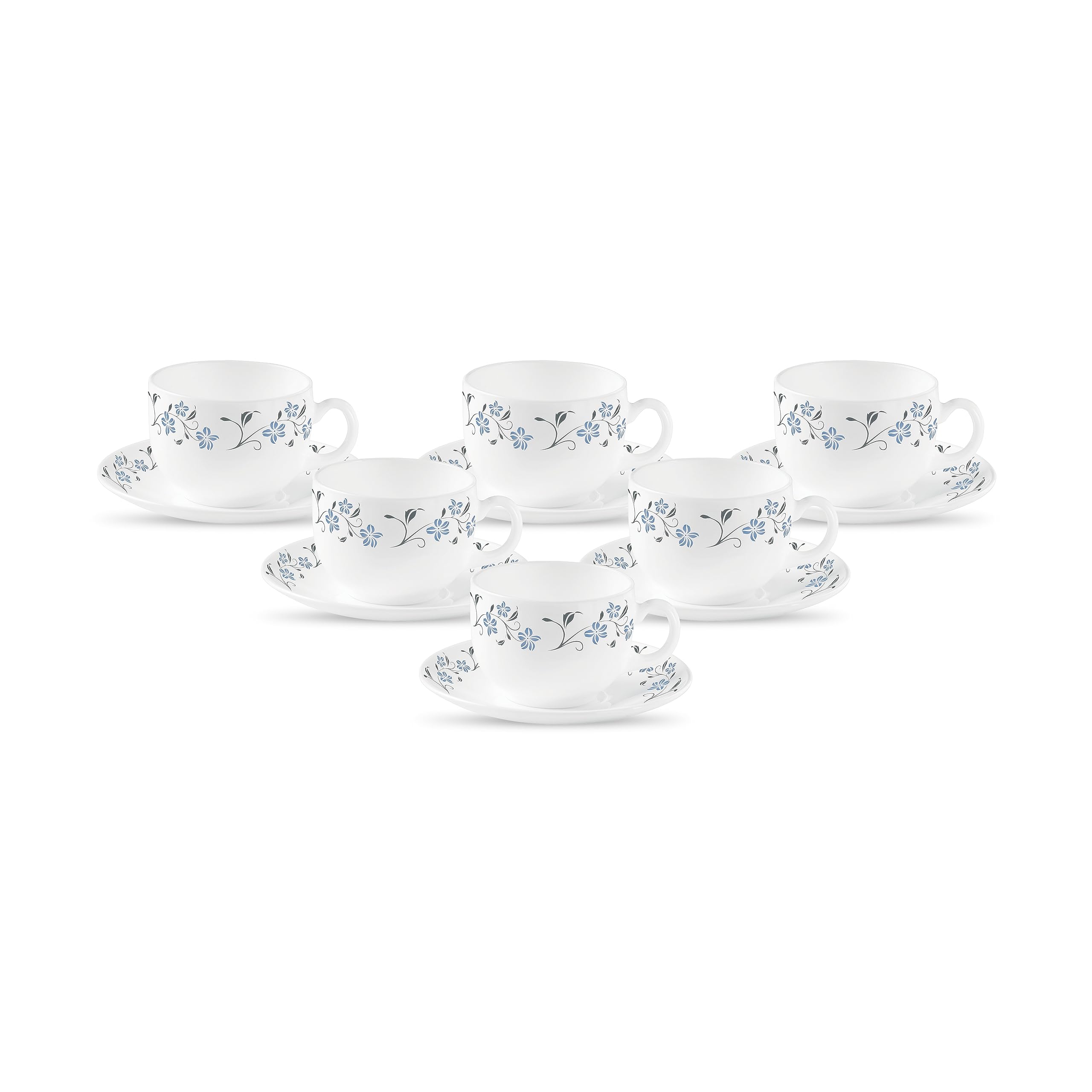 La Opala Diva, Opal Glass Crockery | Cup & Saucer Iris Large, Set Of 12 | Grace Blue, 220 Ml | For Tea & Coffee | Microwave Safe