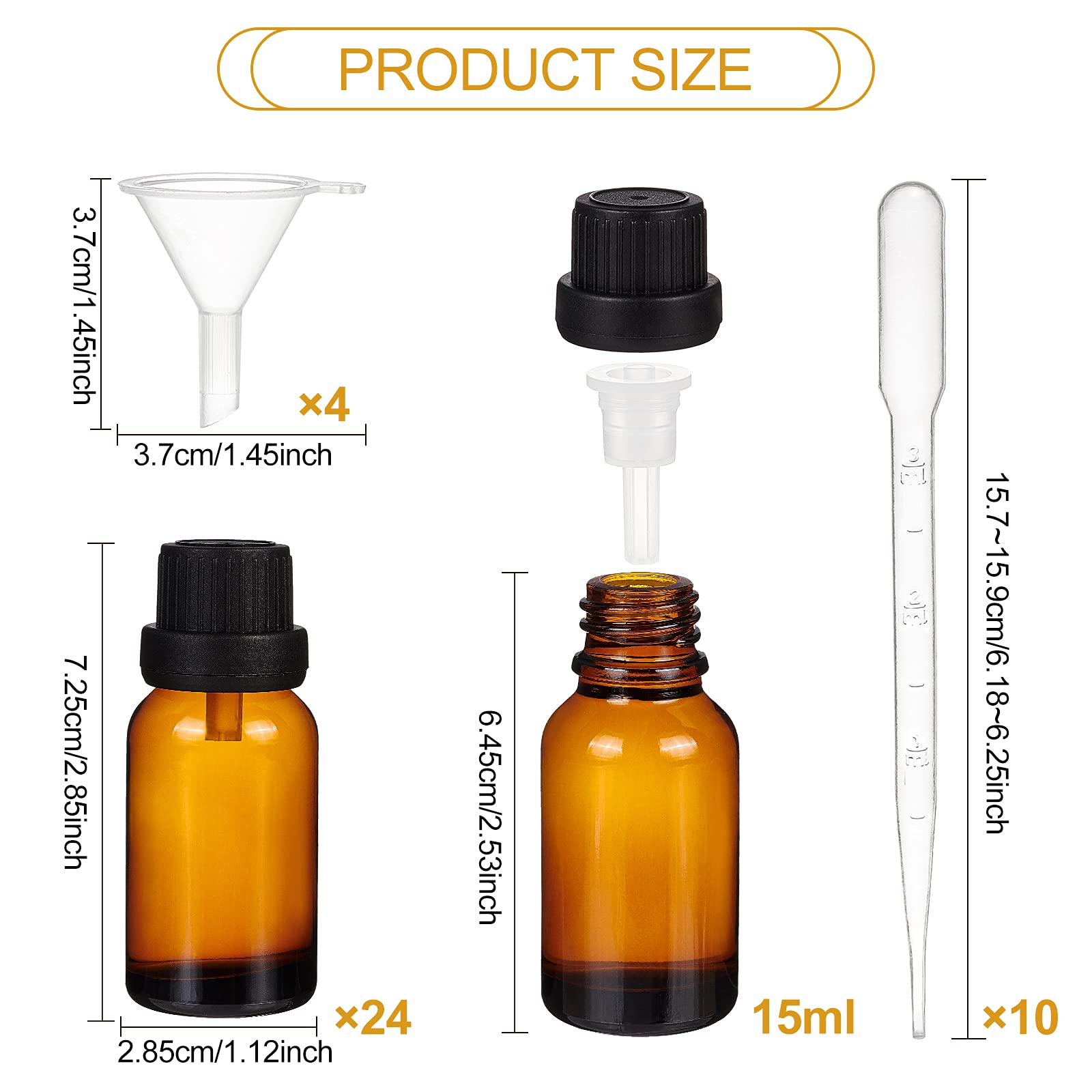 BENECREAT 24 Pack Brown Glass Essential Oil Bottles 15ml with Droppers & Funnel - DIY-BC0001-24B-US