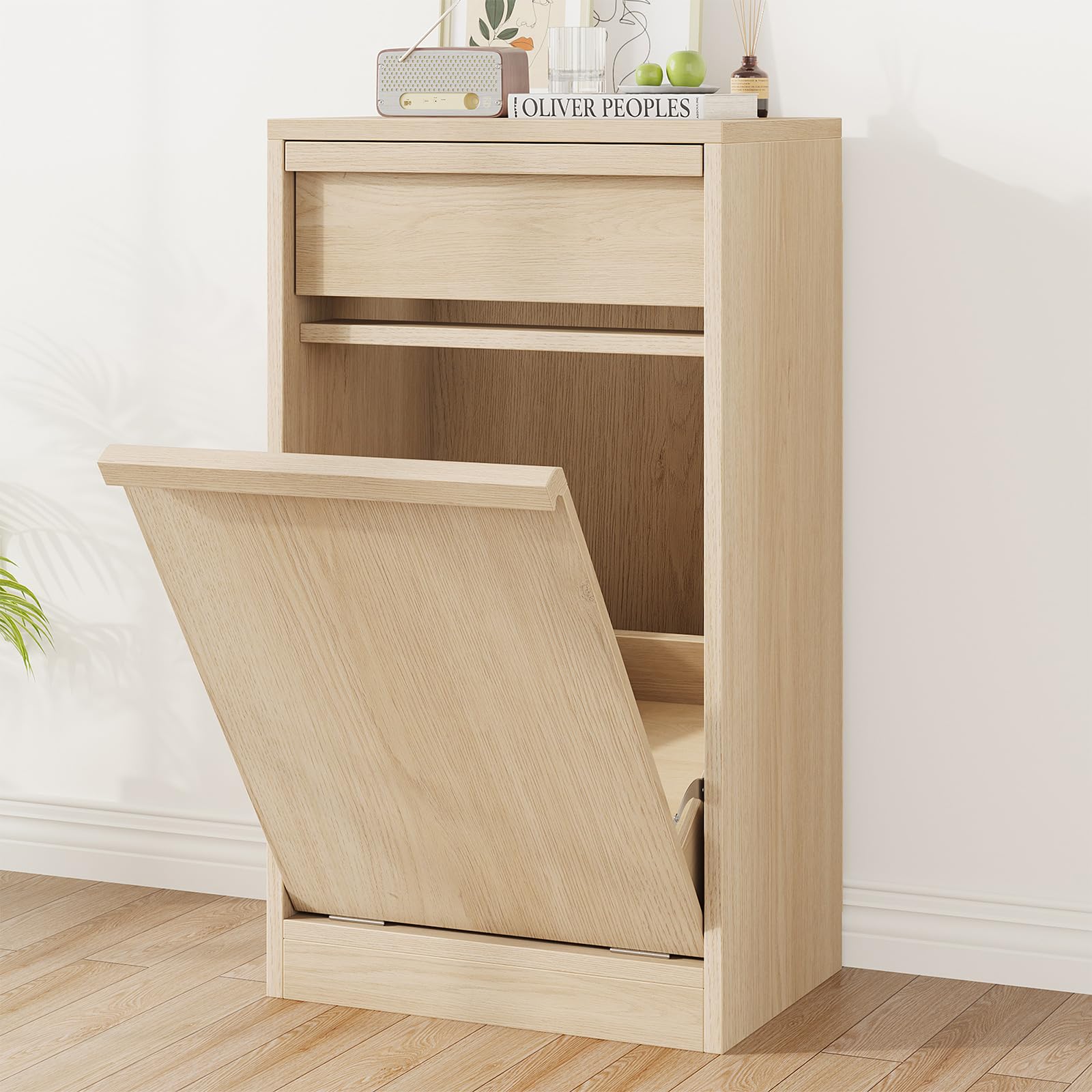 GarveeHome Tilt Out Trash Cabinet, Modern Trash Cabinet with 10 gal Storage, Hidden Freestanding Garbage Can Cabinet Laundry Ham