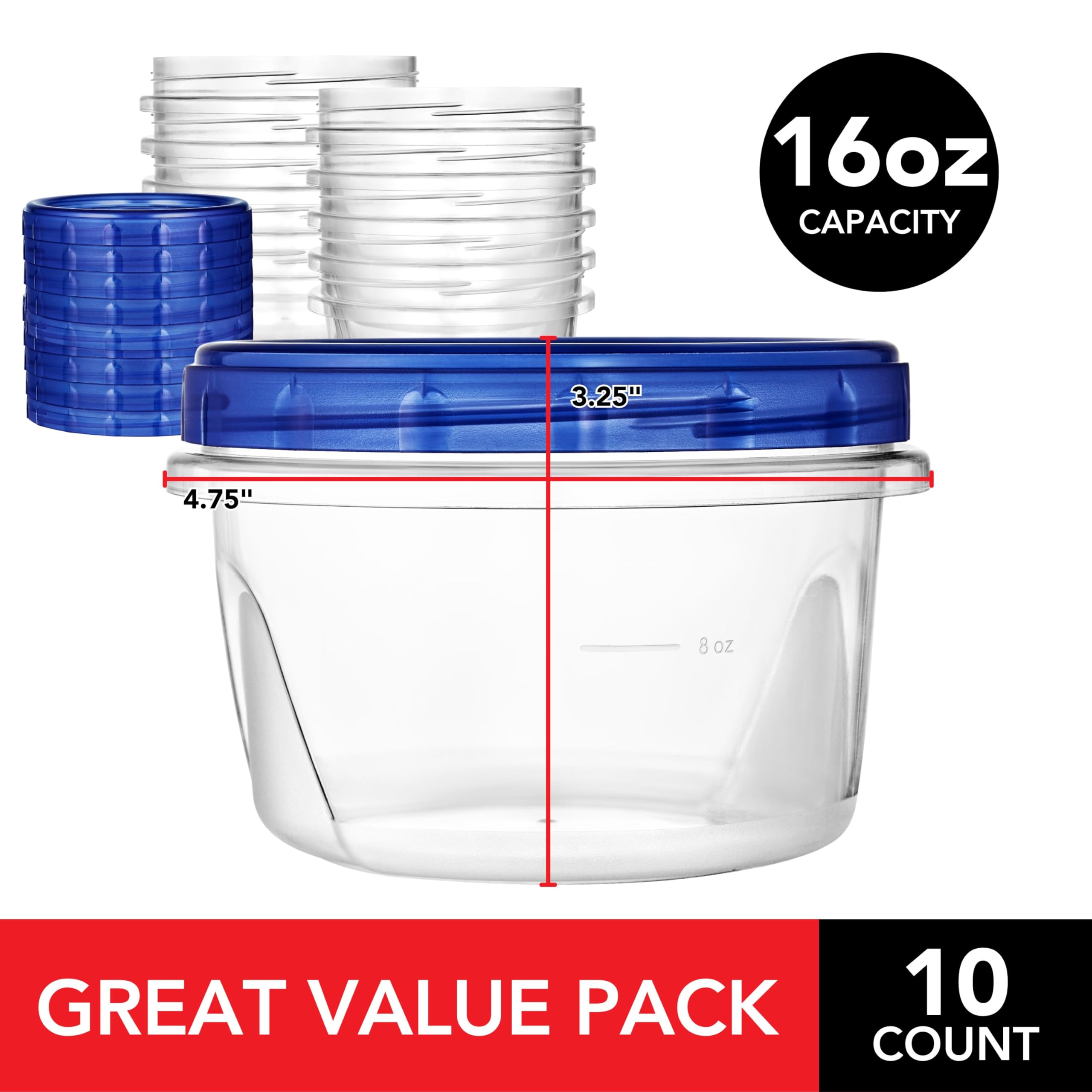 Stock Your Home 16Oz Plastic Containers With Twist Top Lids (10 Pack), 2 Cup Freezer Containers With Lids For Leftover Food, Air