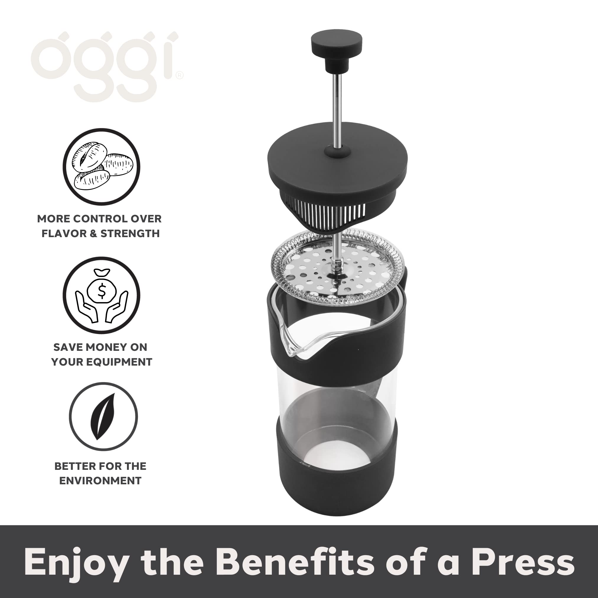 Oggi French Press Coffee Maker - 12oz Borosilicate Glass, Black, Model 6590.3, Single Cup Capacity