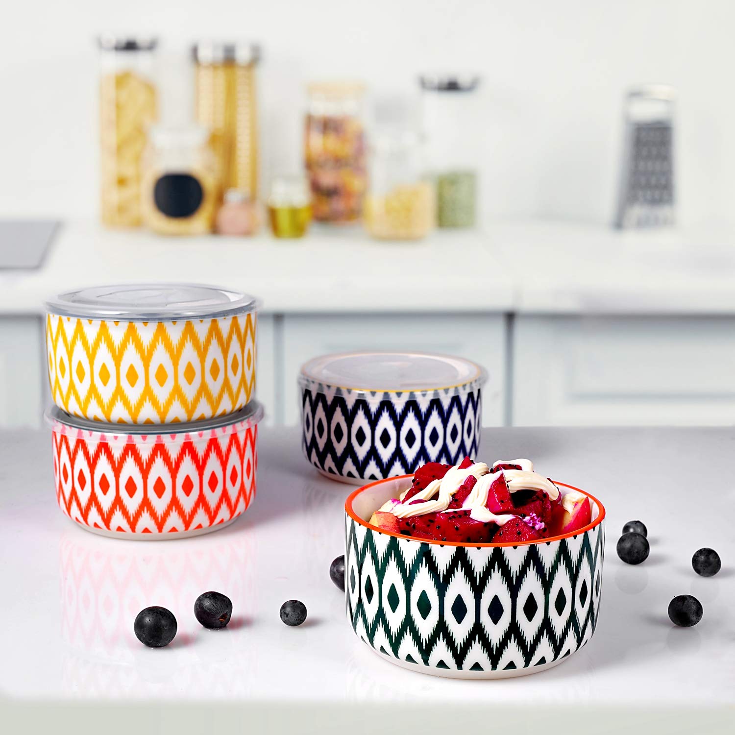 Miicol Ceramic Bowls With Lids Set Of 4, Porcelain Food Storage Containers 23Oz, Colorful Kitchen Bowl For Meal Prep, Mixing And