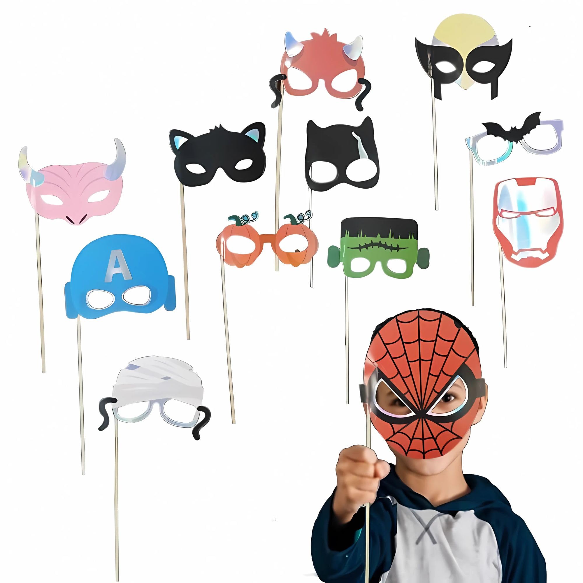 MONKEYTAIL Super Hero Theme Glossy Party Props | 12 Pcs | Fun Selfie Photo Booth Accessories for Kids Birthday Parties & Decora