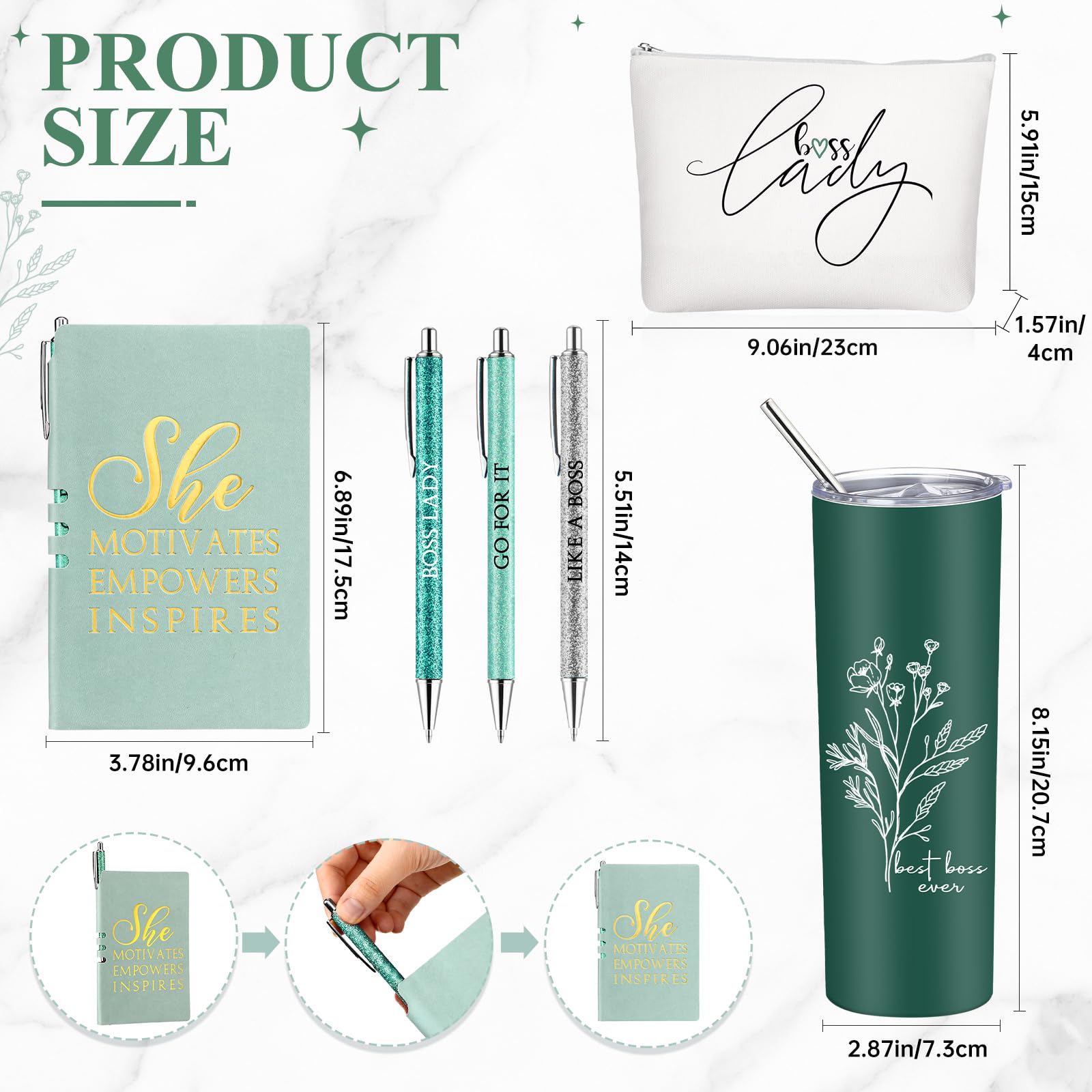 Funnymoom 6 Pcs Boss Day Gift Set Lady Appreciation Thank You for Women 20 oz Aesthetic Boho Flower Tumbler Tote Bag Makeup Bag