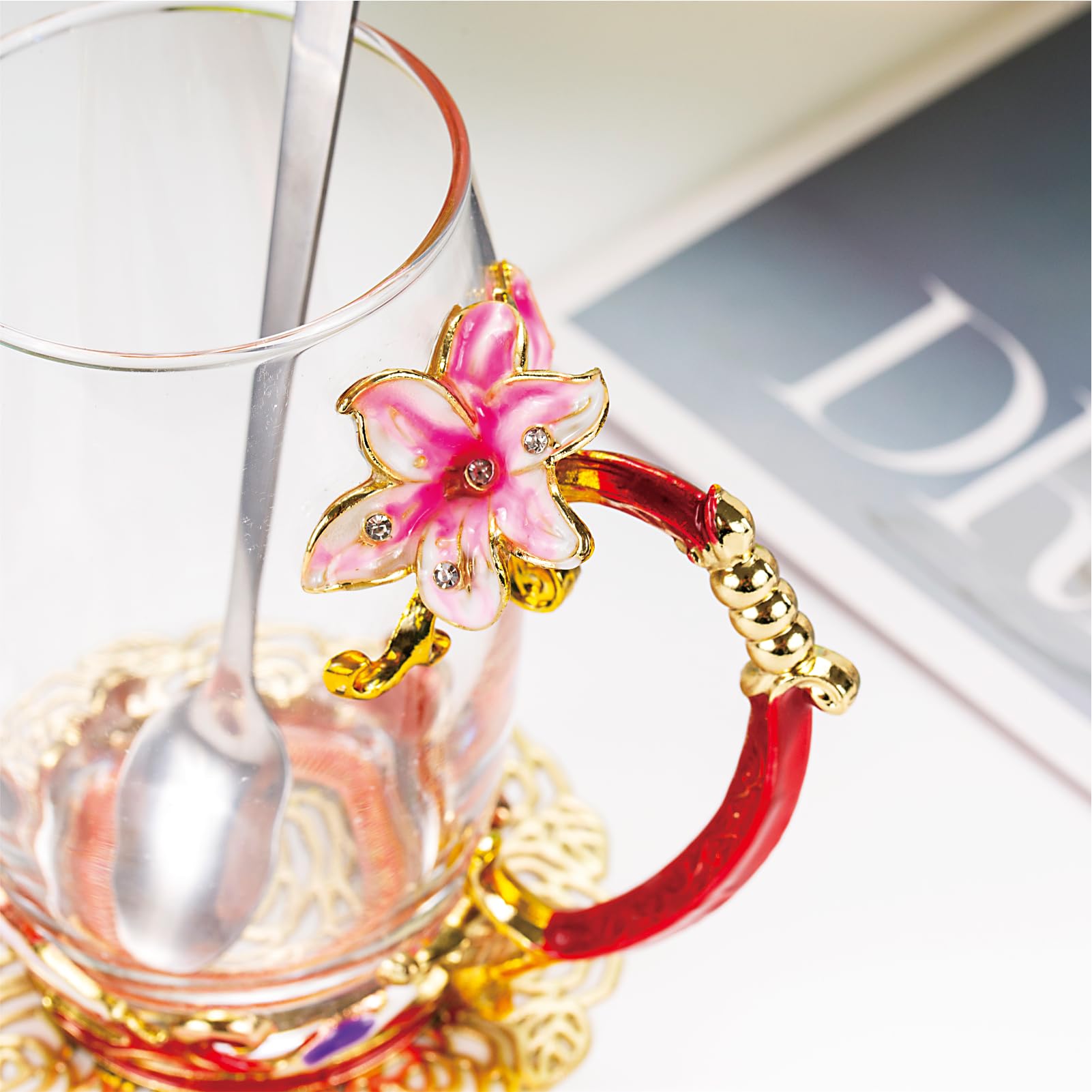 Flower Tea Cup, Lily Flower Clear Glass Fancy Coffee Mug with Spoon,Gift Box for Her Mom Wife Grandma Girls Friends Valentines C