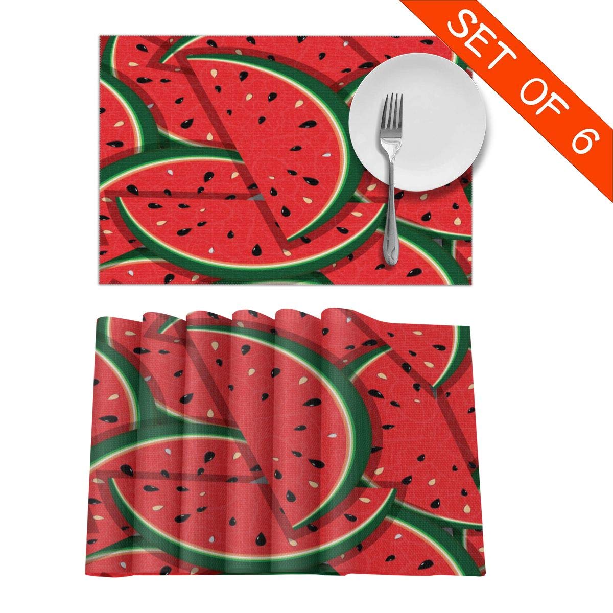 Delerain Red Watermelon Set Of 6 Placemats For Dining Table, Snack Drink Heat Insulation Stain Resistant Anti-Skid Washable Tabl