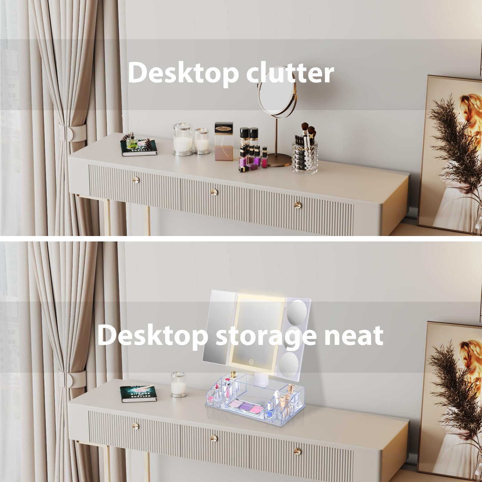 Trifold Lighted Makeup Mirror With Magnification 1X, 3X, 5X, 10X, Clear Cosmetic Storage Organizer, 3 Way Dressing Vanity Mirror