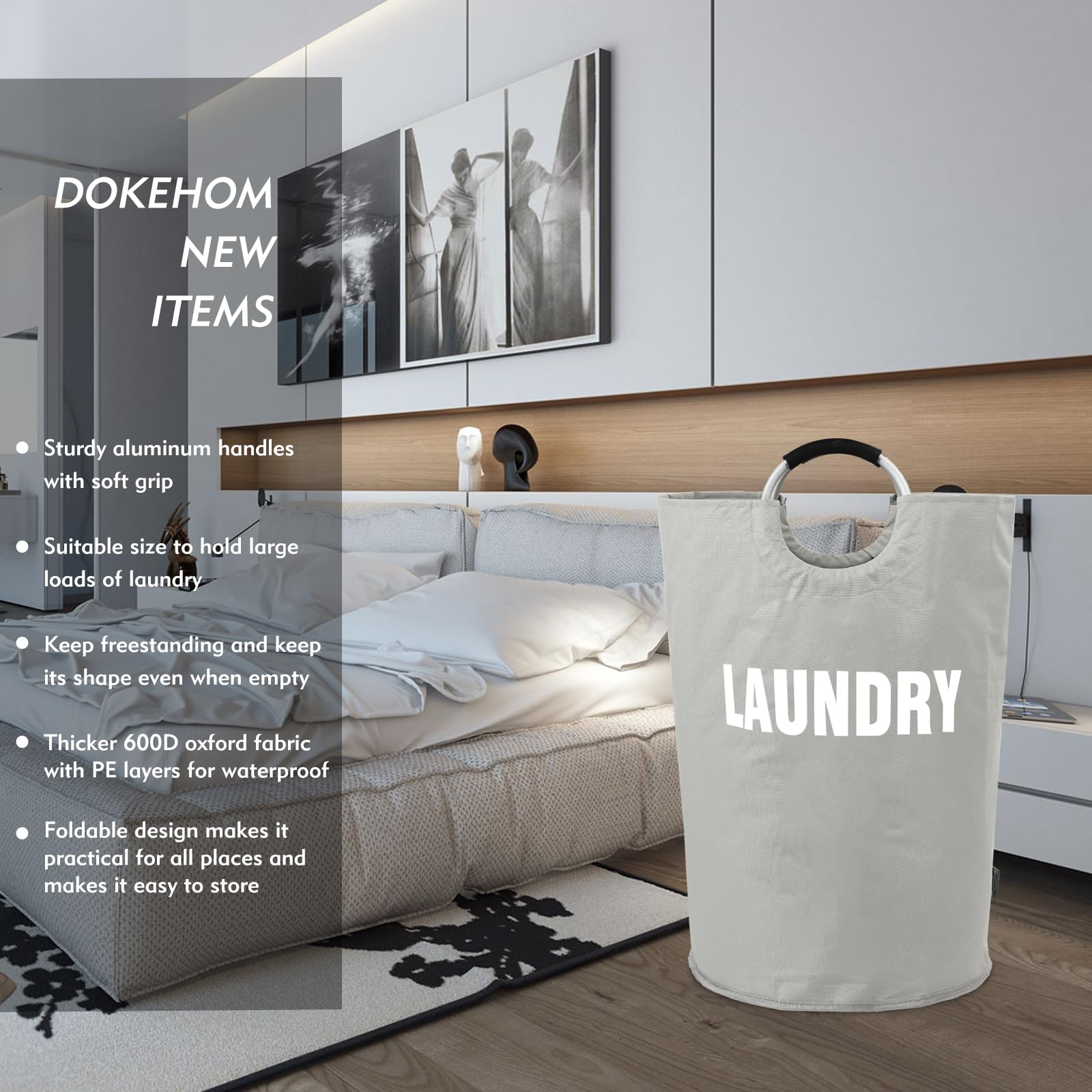 Dokehom 160L Xx-Large Laundry Basket (7 Colors), Collapsible Laundry Bag, Foldable Laundry Hamper, Folding Washing Bin (Grey, Xx