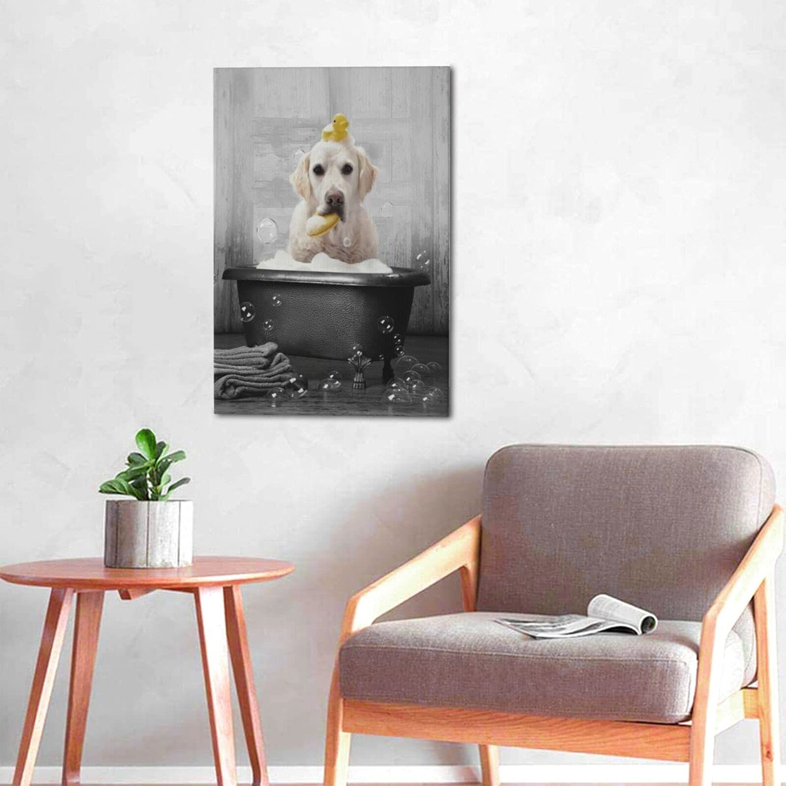 Kuphsod Dog In Bathtub Canvas Wall Art Black And White Animals Bathroom Decor Print Painting Funny Bathtub Labrador Pictures Mod