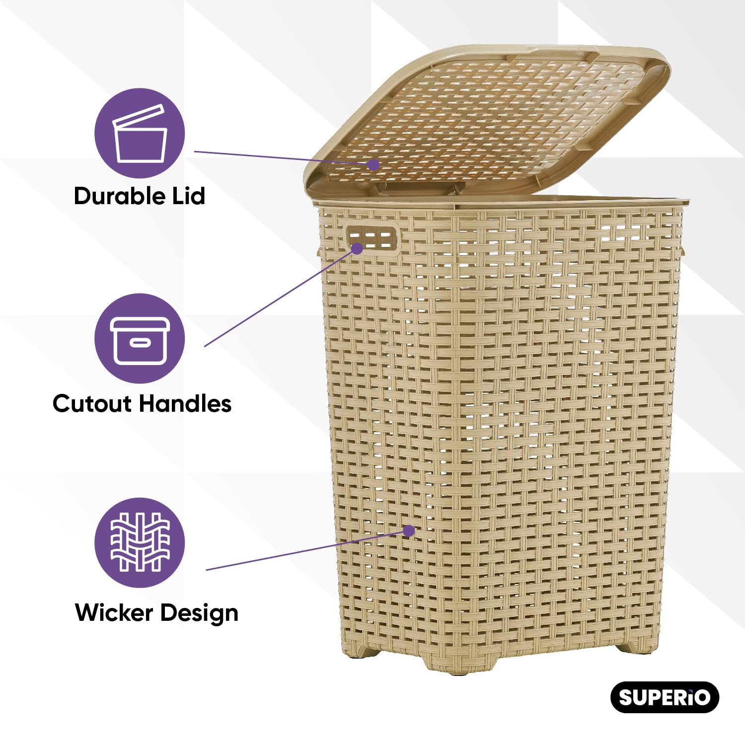 Superio Laundry Hamper Basket With Easy Open Lid 60 Liter Beige, Large Wicker Hamper, Dirty Cloths Storage With Two Cutout Handl