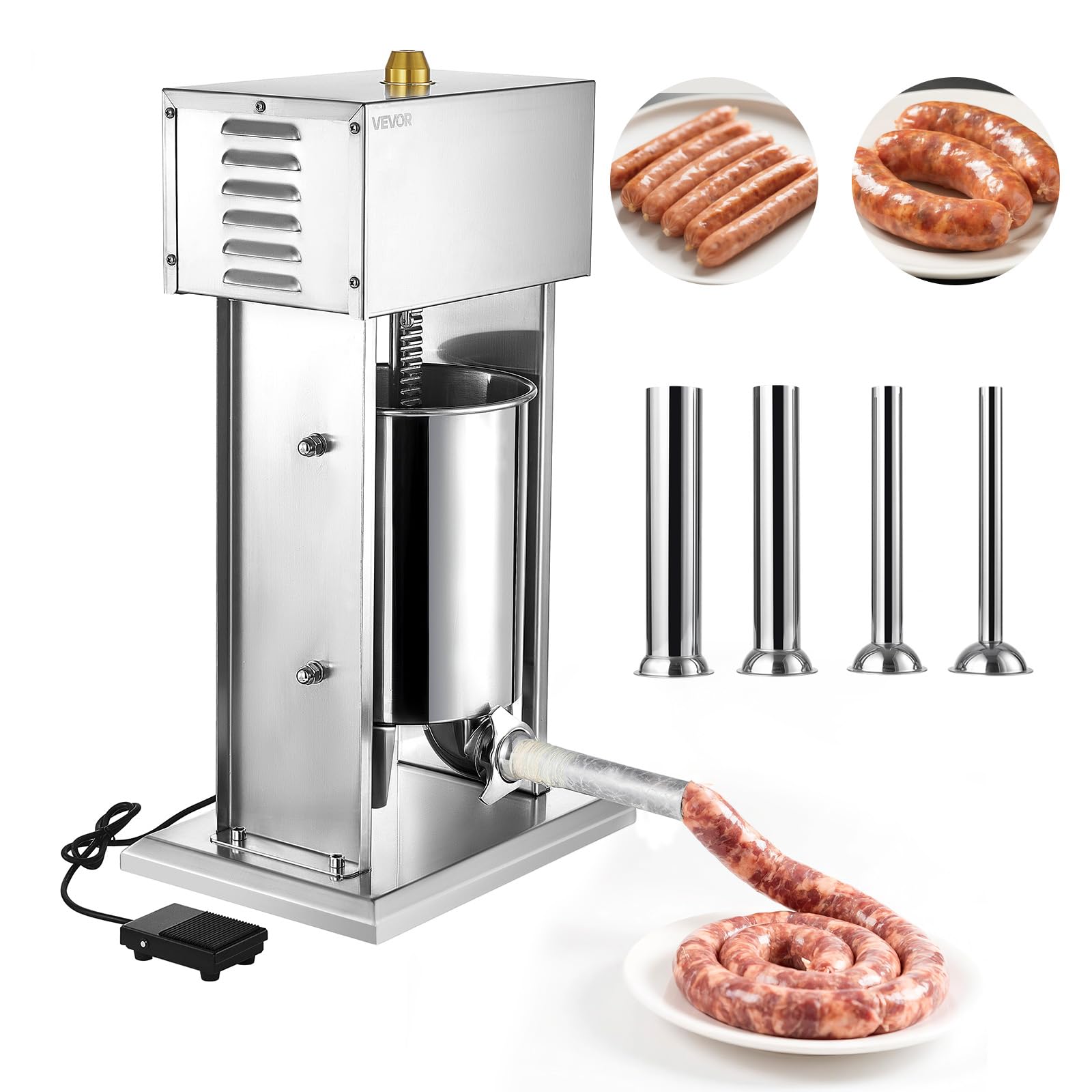 VEVOR Electric Sausage Stuffer, 22 LBS / 10 L Vertical Meat Stuffer, Stepless Speed Control and Foot Pedal, Stainless Steel Heav
