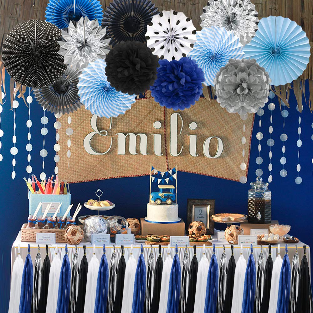 Meiduo Navy Blue Silver Black Party Decorations Hanging Paper Fans Pom Poms Flowers Tissue Tassel Garland For Graduation Boy Kid