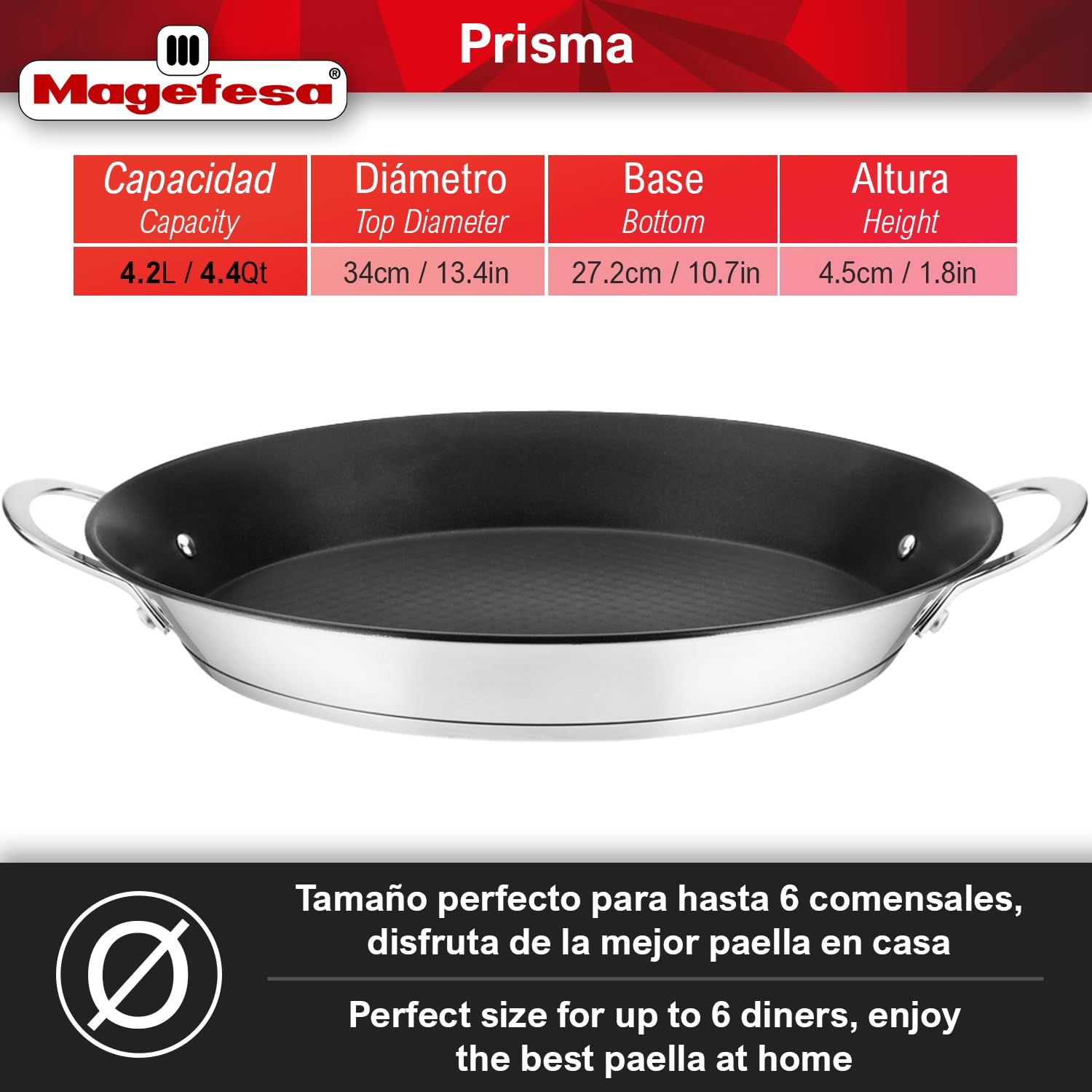Magefesa Prisma - 13.4 Inches Paella Pan, Made Of 18/10 Stainless Steel, Triple Layer Non-Stick, For All Types Of Kitchens, Indu