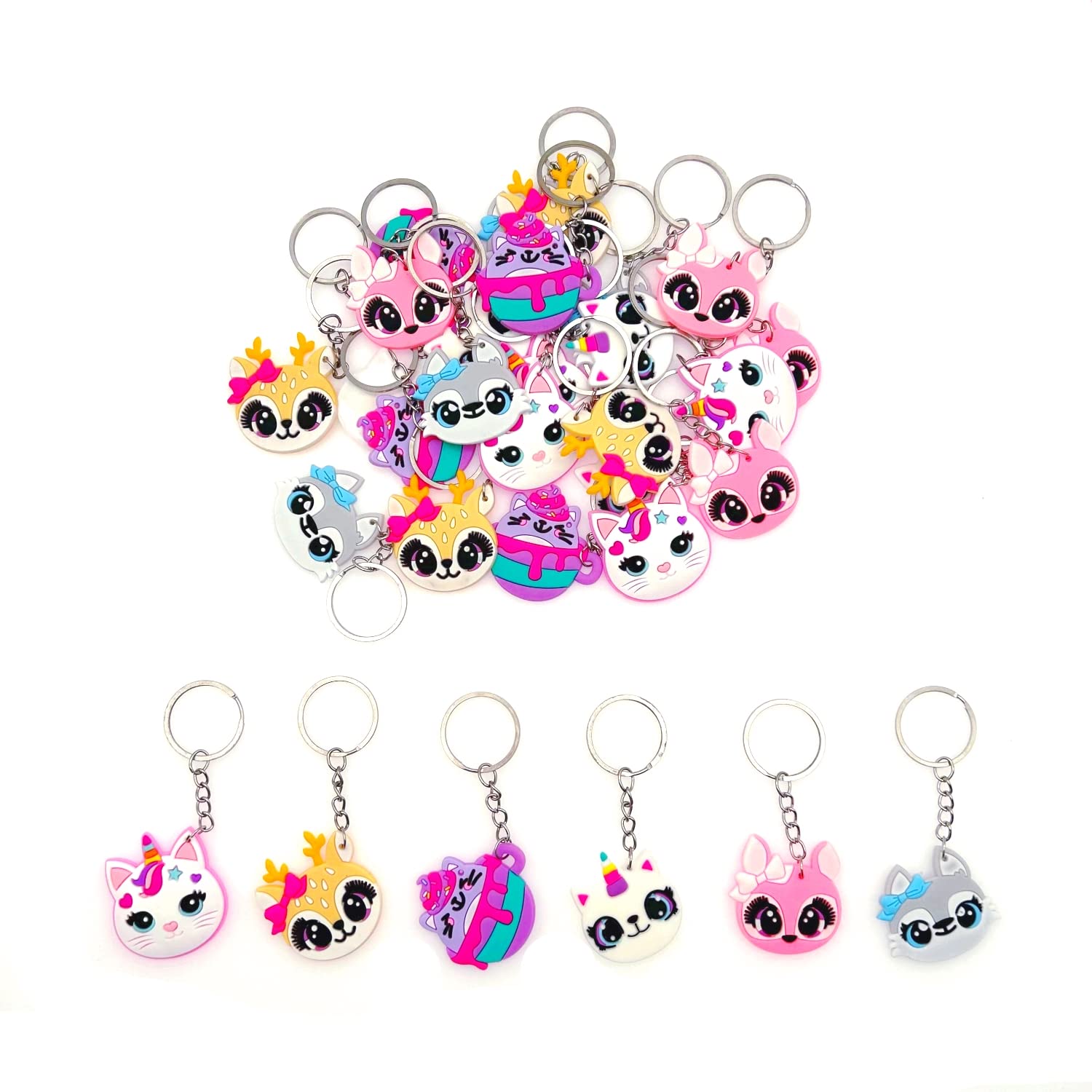 Jzk 30 Pcs Kitty Cat Keyring Set For Kids, Silicone Animal Keychains For Children Birthday Party Favours, Kids Party Bag Fillers