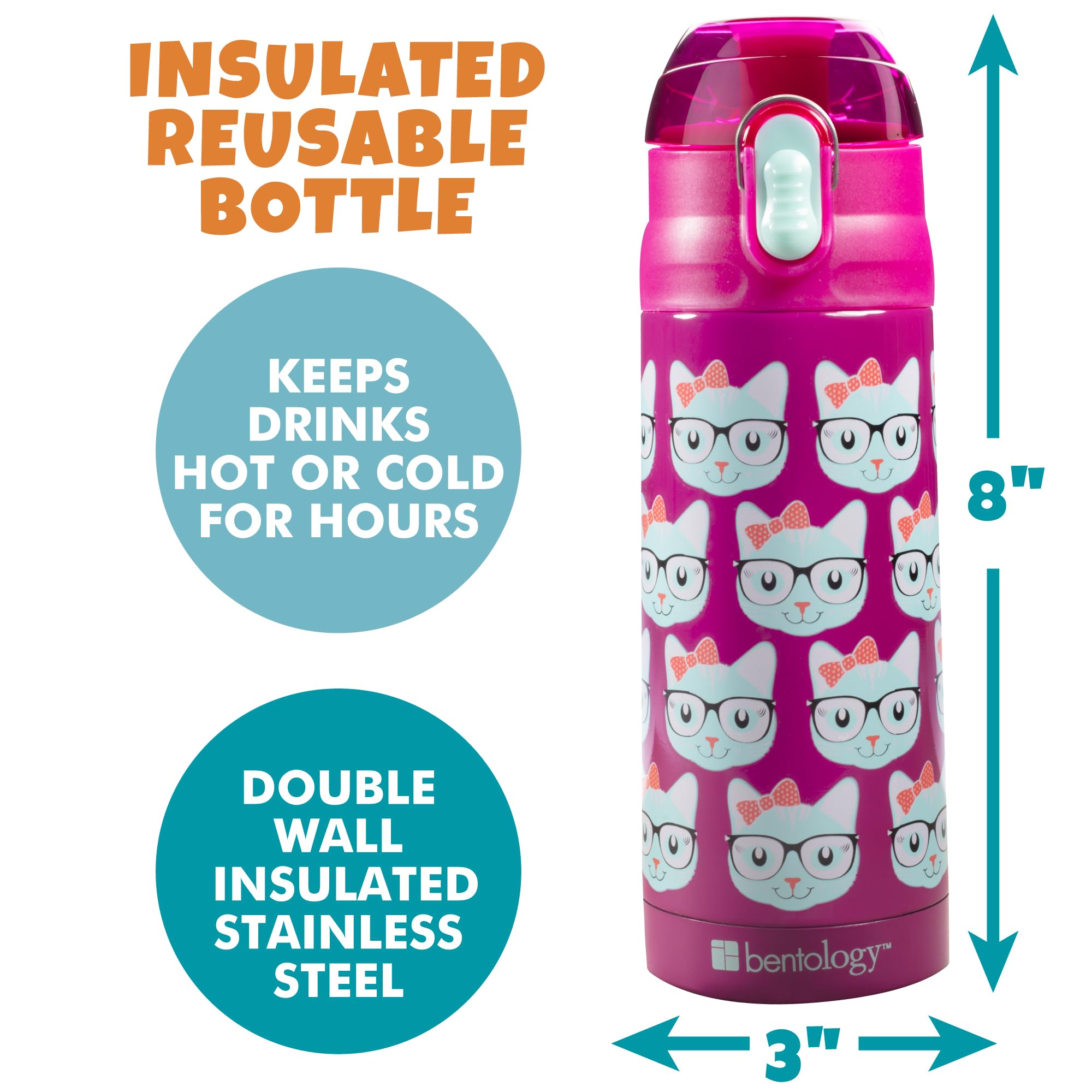 Bentology Stainless Steel 13Oz Insulated Kids Water Bottle W Built In Straw- Easy To Open, Reusable Bpa-Free, Fits In Most Lunch